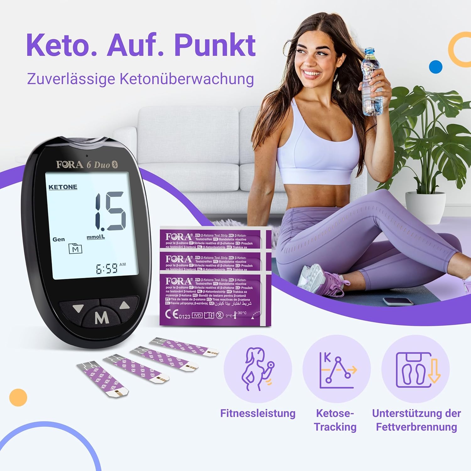 FORA Duo 2-in-1 (Blutzucker, Keton) Bluetooth-Blutzuckermessgerät mit 10 Keton-Teststreifen – Bild 2