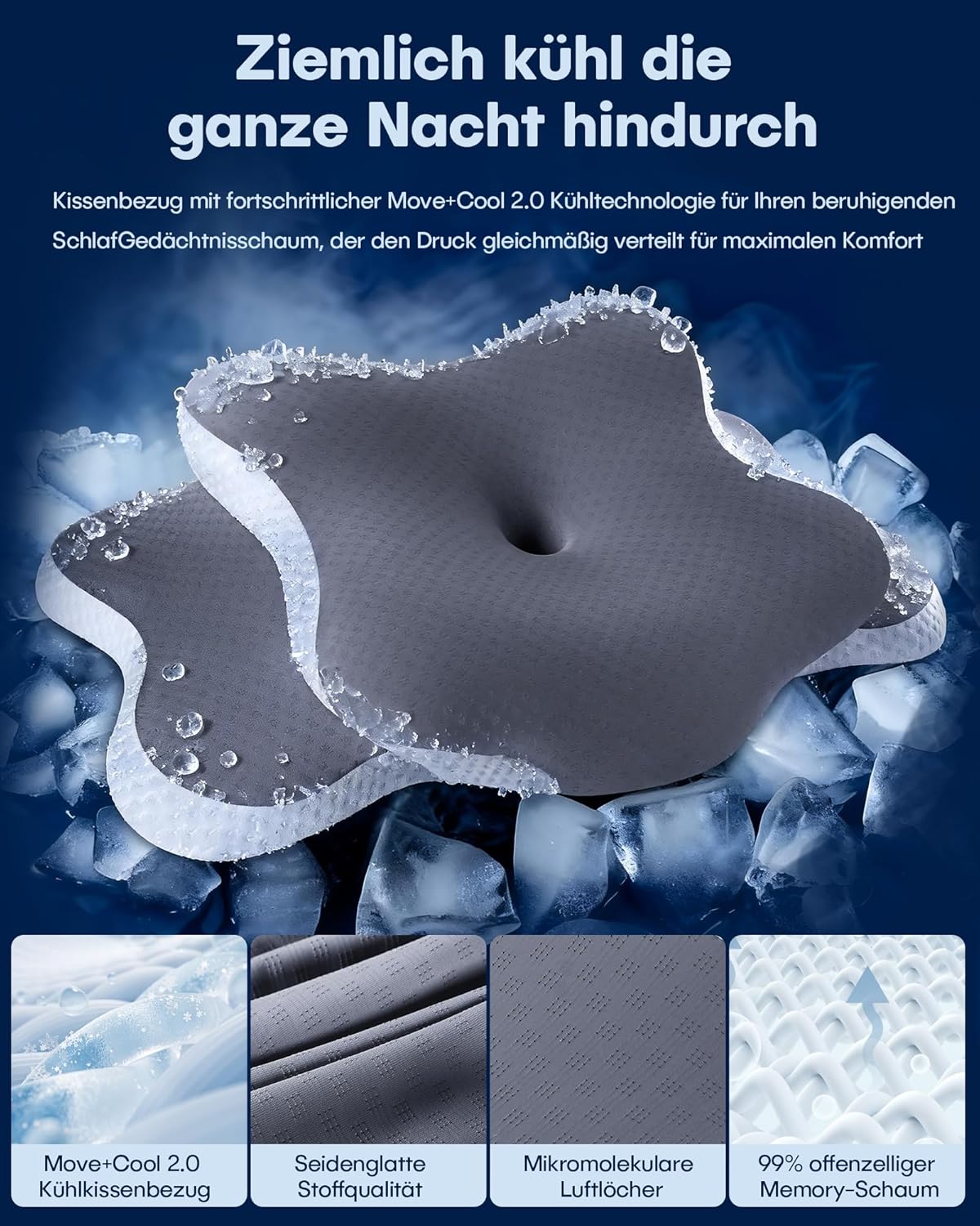 XSIVOD Orthopädisches Nackenkissen – Ergonomisches Memory-Schaum-Kissen mit kühlender Wirkung, Nackenstützkissen gegen Schmerzen, Anti-Schnarch-Kissen für Seiten-, Rücken- und Bauchschläfer, Grau – Bild 4