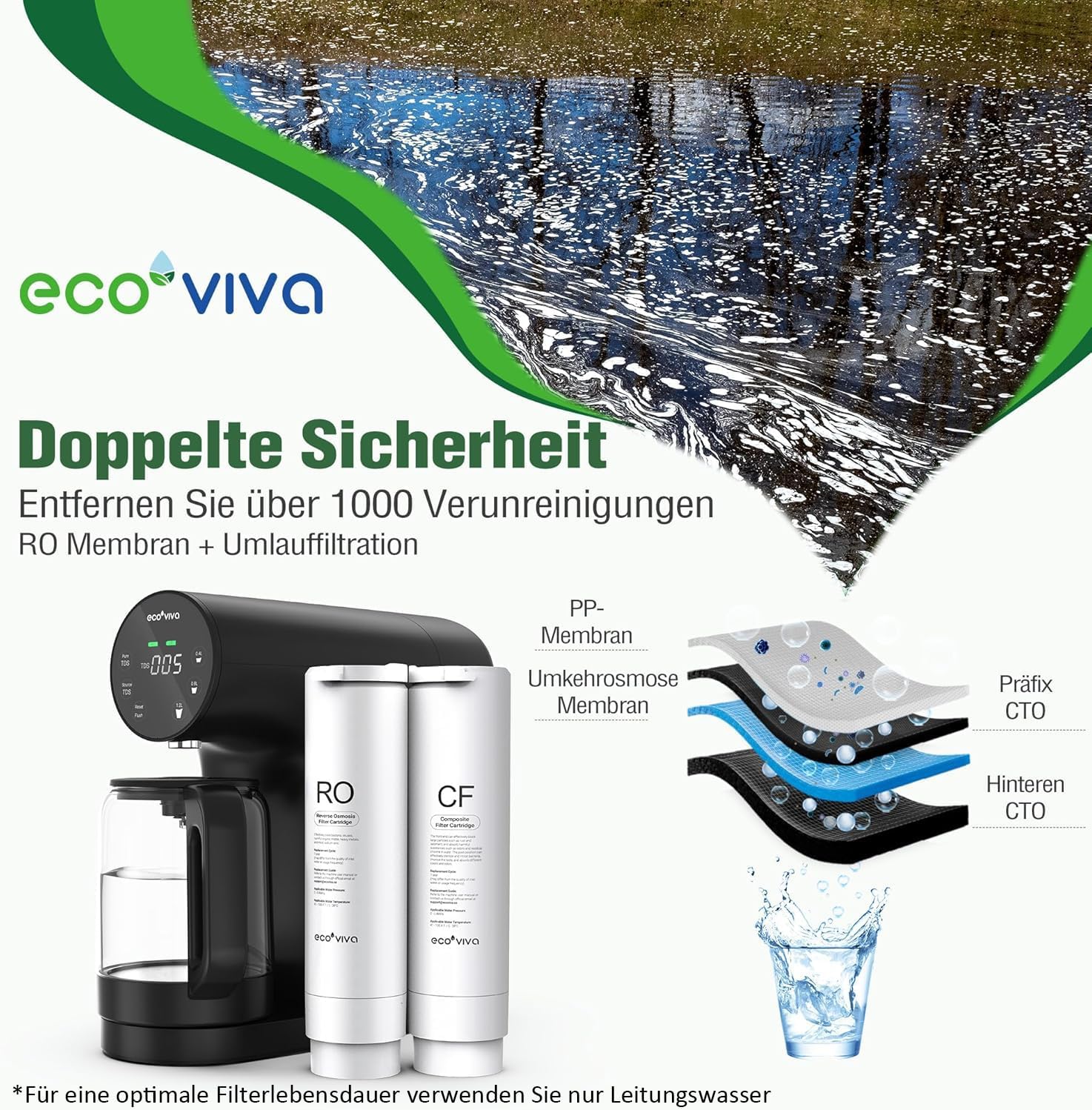 Ecoviva WP-RO-200G Tischosmoseanlage, Trinkwasser-Umkehrosmoseanlage mit 5-stufiger Filterung, Echtzeit-TDS-Monitor, 3:1 Reinheit zum Abfluss, mobiler Umkehrosmose-Wasserfilter, keine Installation – Bild 3