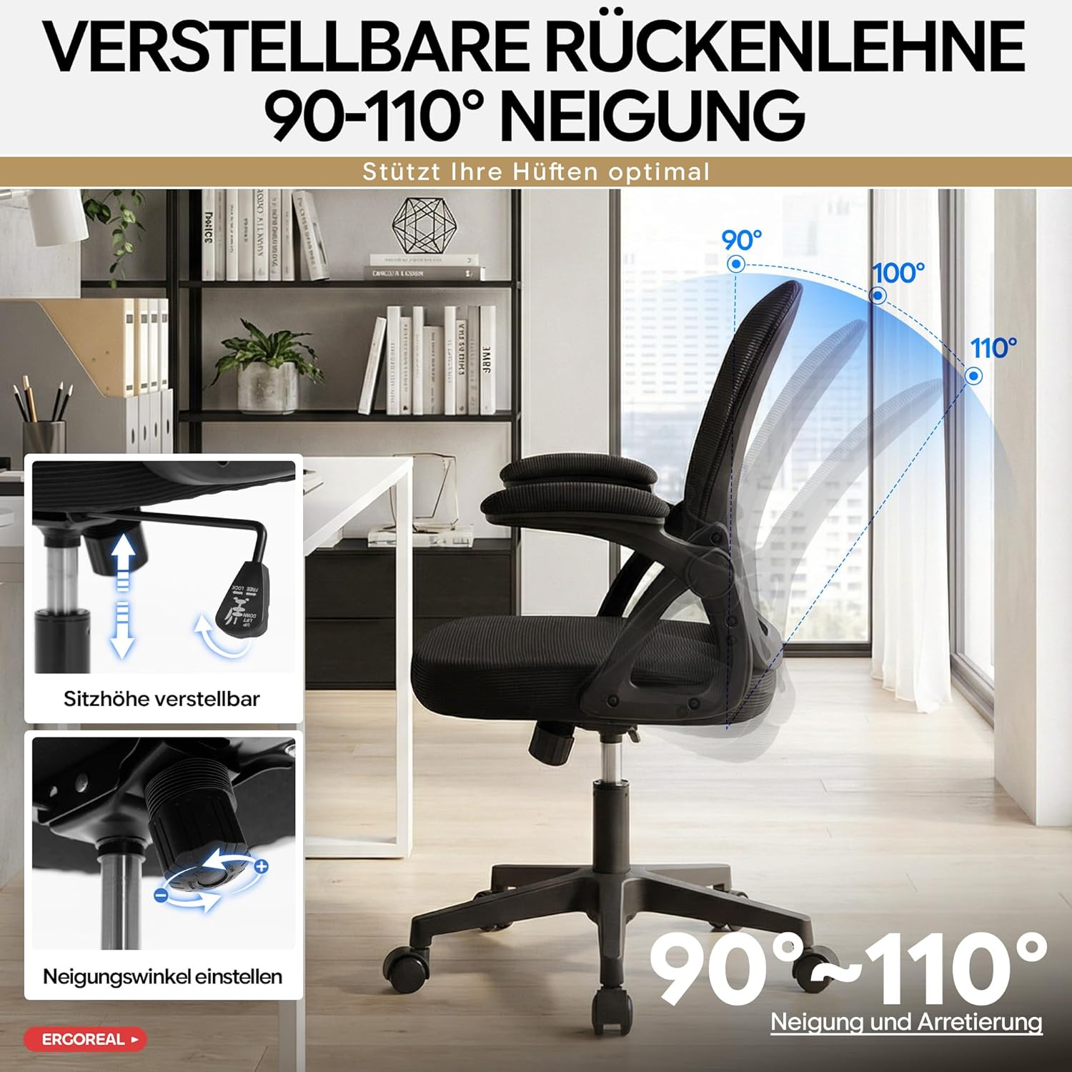 25W02 Ergonomischer Bürostuhl, 90-110° verstellbare Rückenlehne & klappbare Armlehnen (90°), Bürostuhl mit Rollen & Höhenverstellung, Heimbüro & Arbeitszimmer (Tiefschwarz) – Bild 5