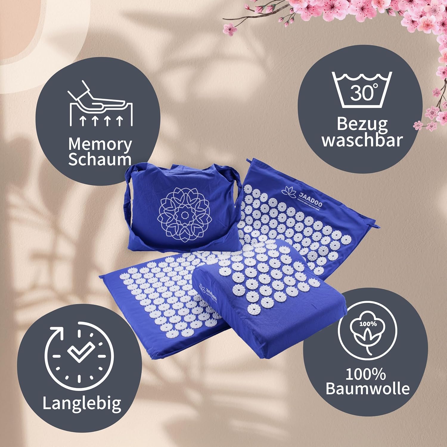 Akupressurmatte mit Kissen – perfekt für Anfänger (Memory-Schaum passt sich an) – Entspannung pur – Bezug aus 100 % Baumwolle – Akupressurmatte blau – Bild 5