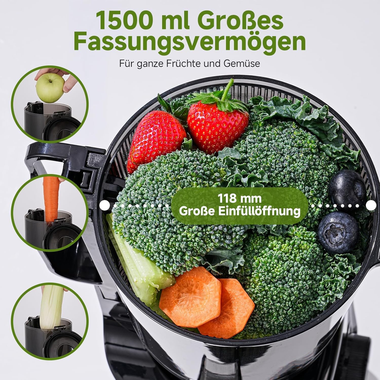 AMZCHEF Slow Juicer Entsafter mit 118 mm großer Einfüllöffnung für ganze Früchte und Gemüse, 180 W Kaltentsafter, leicht zu reinigen, Silber – Bild 3
