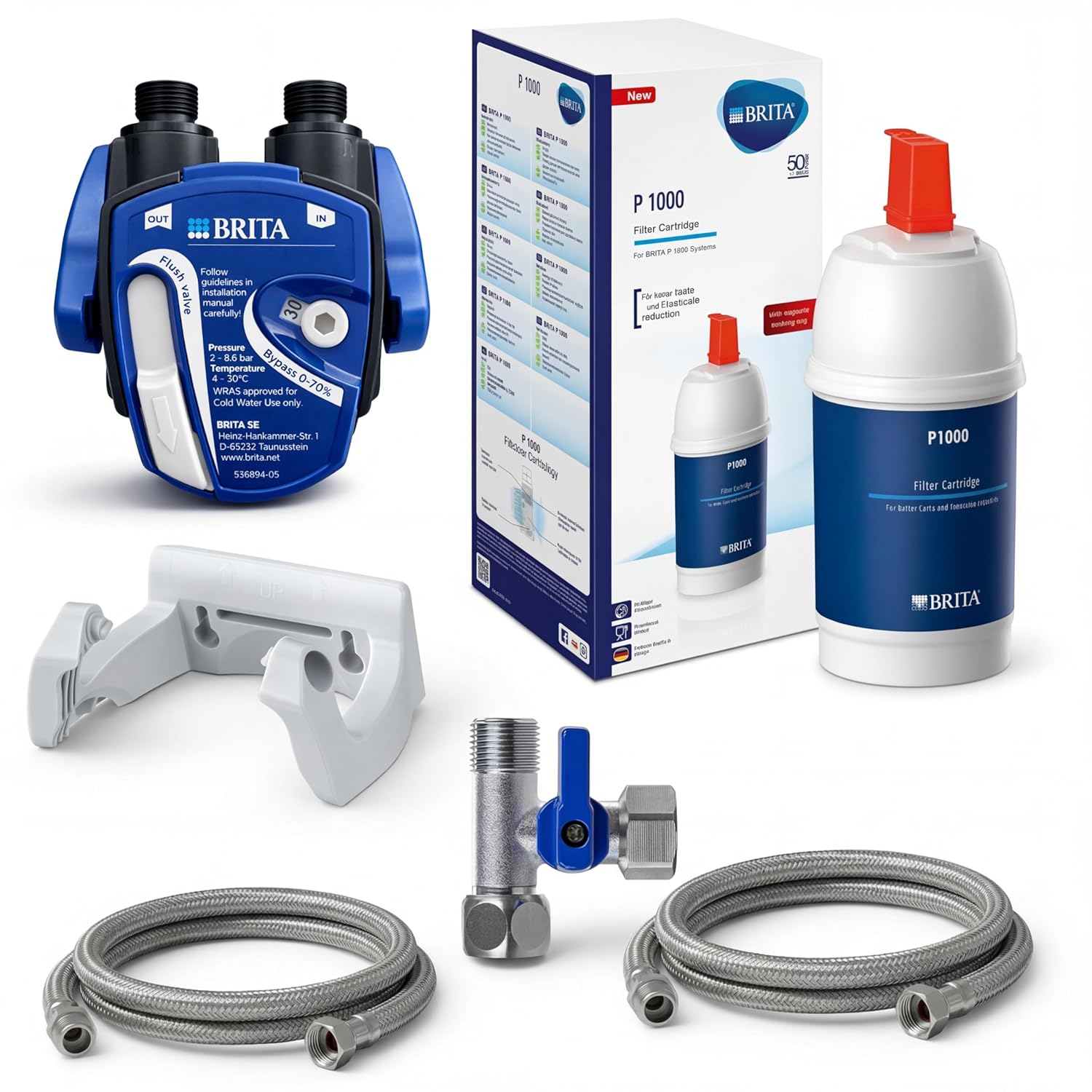 Brita P1000 Untertisch-Wasserfilter-Komplettset | Mit Filterkopf, Schläuchen und Eckventiladapter | Schützt Kaffeemaschine und Wasserkocher vor Kalk | Für weicheres, besser schmeckendes Trinkwasser