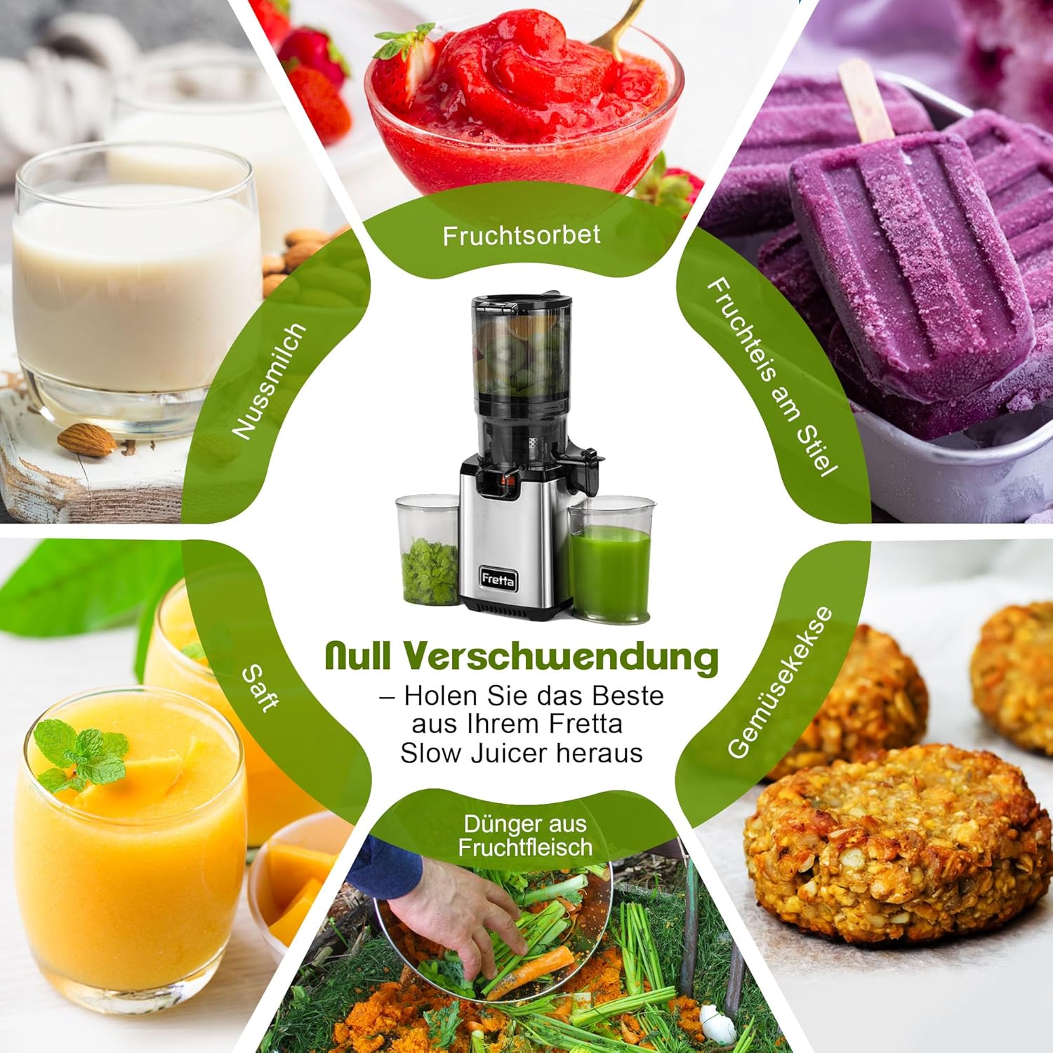 Fretta Juicer Slow Juicer, Edelstahl-Entsafter Gemüse und Obst Testsieger, 135 mm Öffnung und 1,8 l Entsafter-Maschine mit Umkehrfunktion, einfache Installation, leicht zu reinigen, 100 % BPA-frei, 250 W – Bild 7