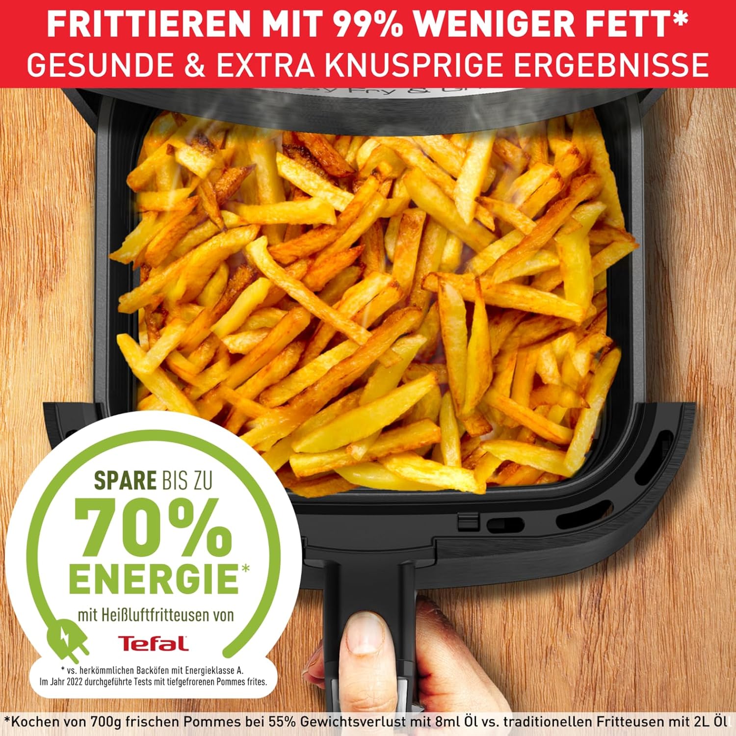 Tefal Easy Fry & Grill Heißluftfritteuse, 2-in-1-Technologie, Heißluftfritteuse und Grill, digitales Display, 4,6 Liter für 6 Portionen, 8 Kochprogramme, energiesparend, kein Öl, Edelstahl, XL-Volumen, EY505D – Bild 4