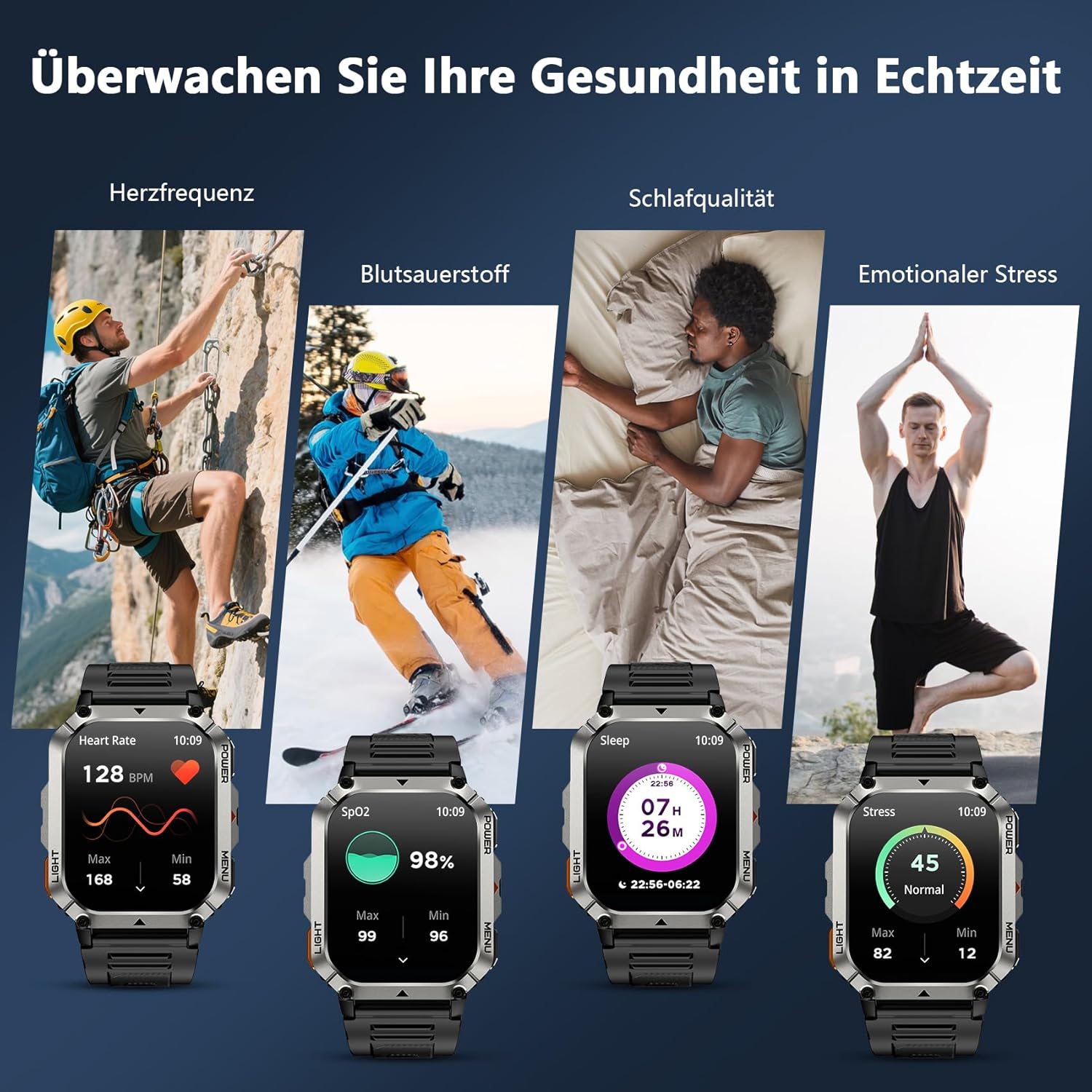 Blackview 900 mAh Herren-Smartwatch, Bluetooth-Anrufe/Kompass/LED-Beleuchtung/2 Armbänder (Silikon/Nylon), Sportuhr mit Puls-Schlaf-Schritten-Kalorien-Kilometer-Monitor, Fitness-Uhr für Android iOS – Bild 5