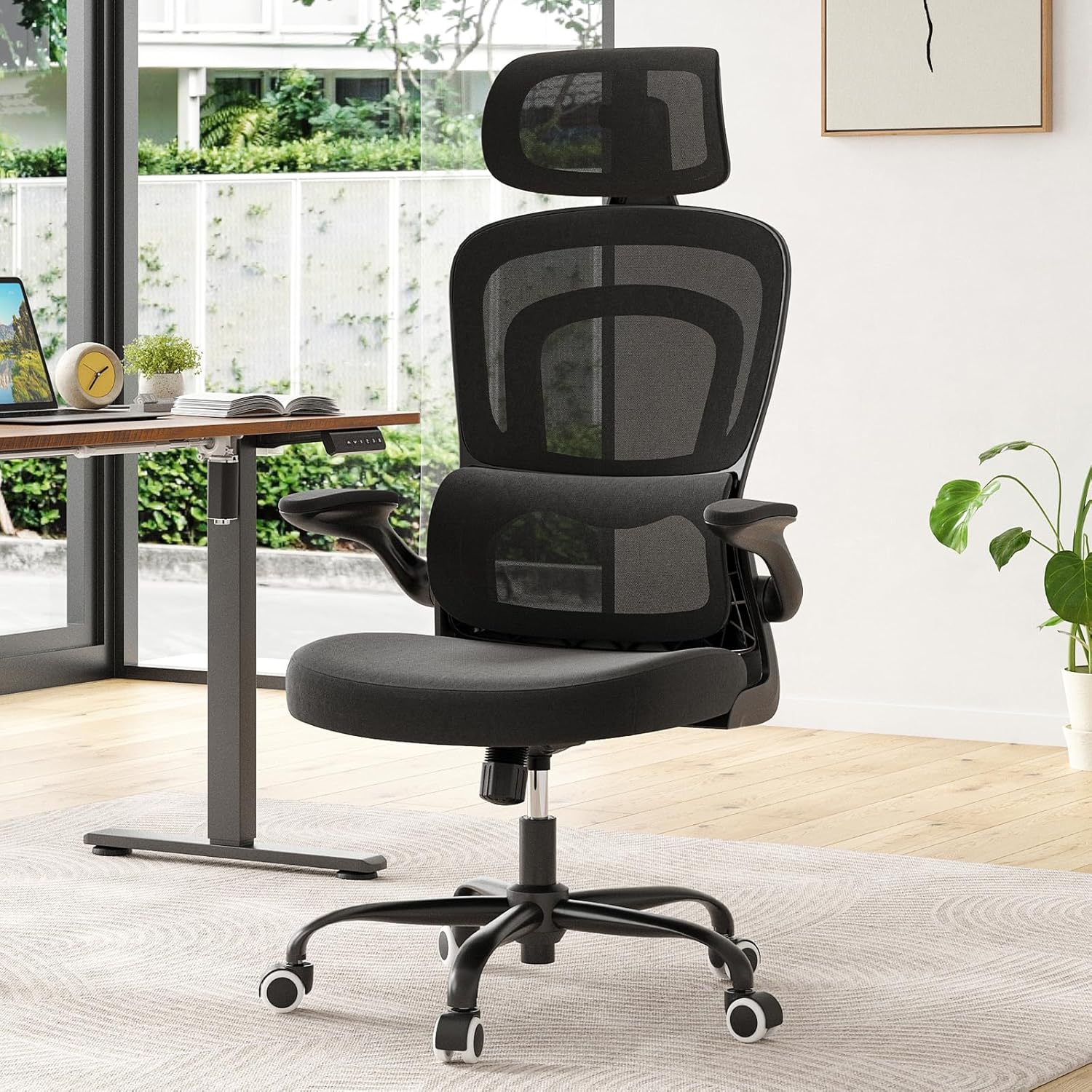 Farini Ergonomischer Stuhl, Büro-Computerstuhl mit Rollen, Schreibtisch für bequemes Heimbüro, höhenverstellbarer Chefsessel, Bürostuhl mit Kopfstütze – Bild 2