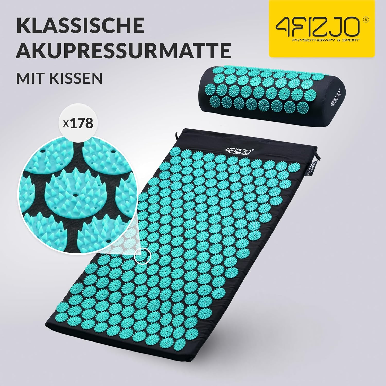 4FIZJO Akupressurmatte & Kissen, 68x42x2 cm, mit Tragetasche, Polyurethanschaum, Hypoallergen, 9618 Stacheln, Massagematte für bessere Durchblutung, Muskeln Entspannung, Farbe: Schwarz und Blau – Bild 7