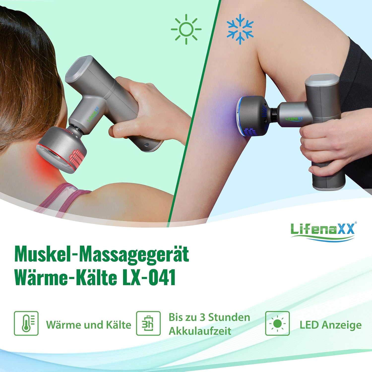 Lifenaxx Muskelmassagegerät Heat Cold Therapy Pro LX-041 Massagepistole mit Wärmefunktion und Kältefunktion in 6 Stufen, 5 Massageköpfe, 2000 mAh Akkulaufzeit – Bild 5