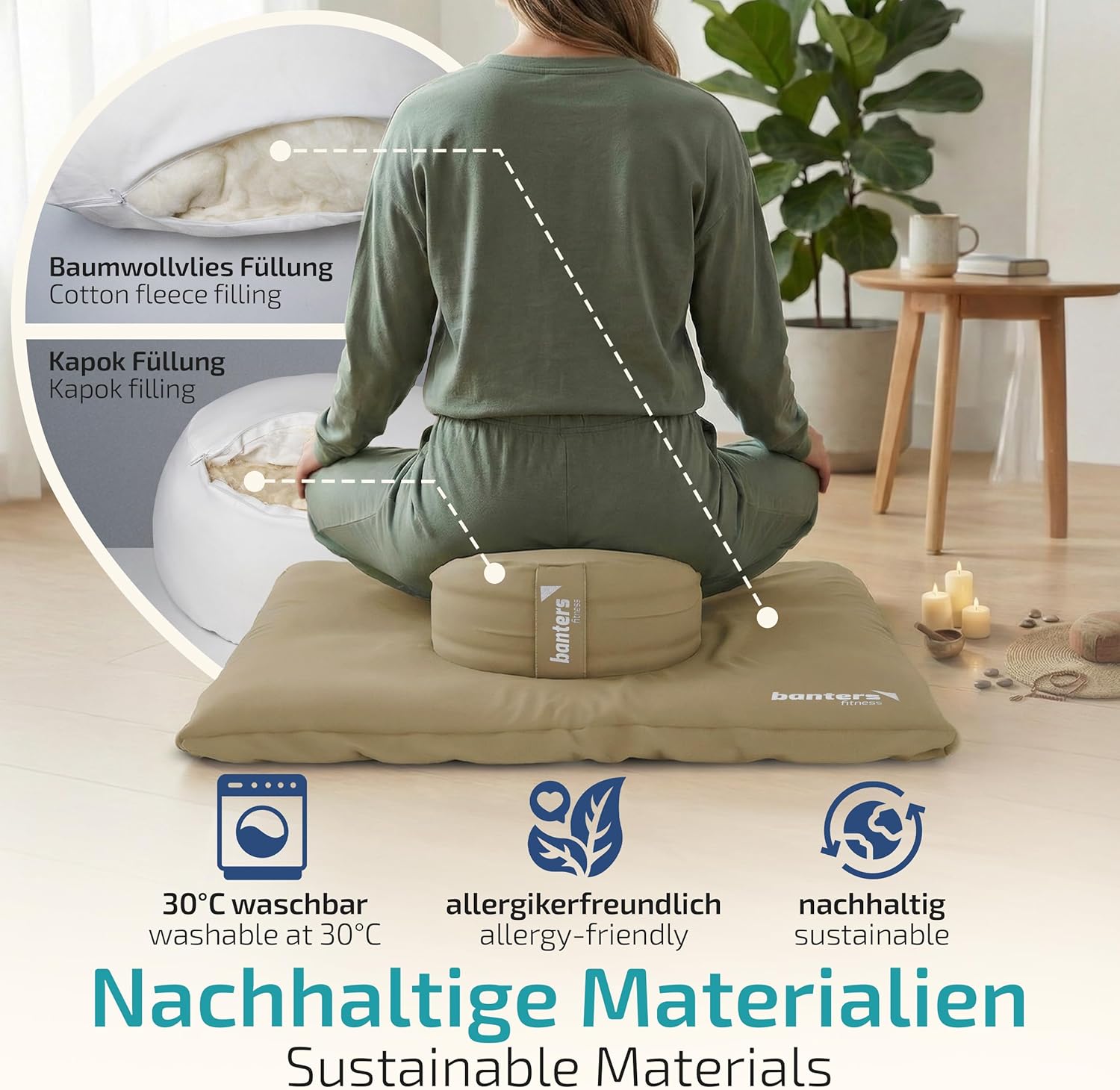 banters Meditationskissen Rund, Zafu Sitzkissen mit Kapok Füllung & Bio Baumwolle Bezug, 35x20 cm, inkl. Tagebuch (Sand) – Bild 3
