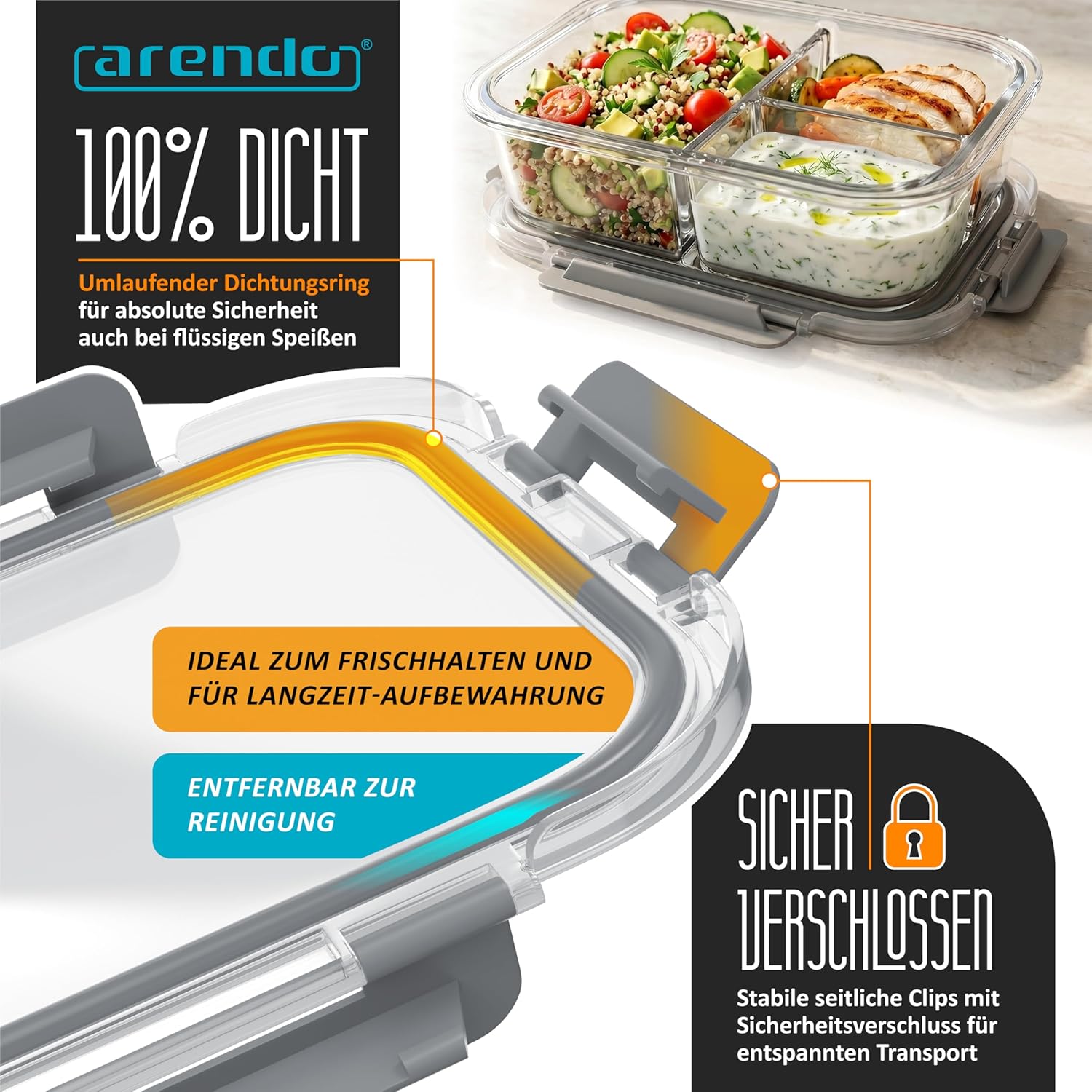 Arendo – Lunchboxen aus Glas – 3 Fächer – Frischhaltedosen mit Deckel, luftdicht – 2er-Set – 1000 ml – für Mikrowelle, Backofen, Gefrierschrank – spülmaschinenfest – Vorratsgläser für die Zubereitung von Mahlzeiten – Bild 5