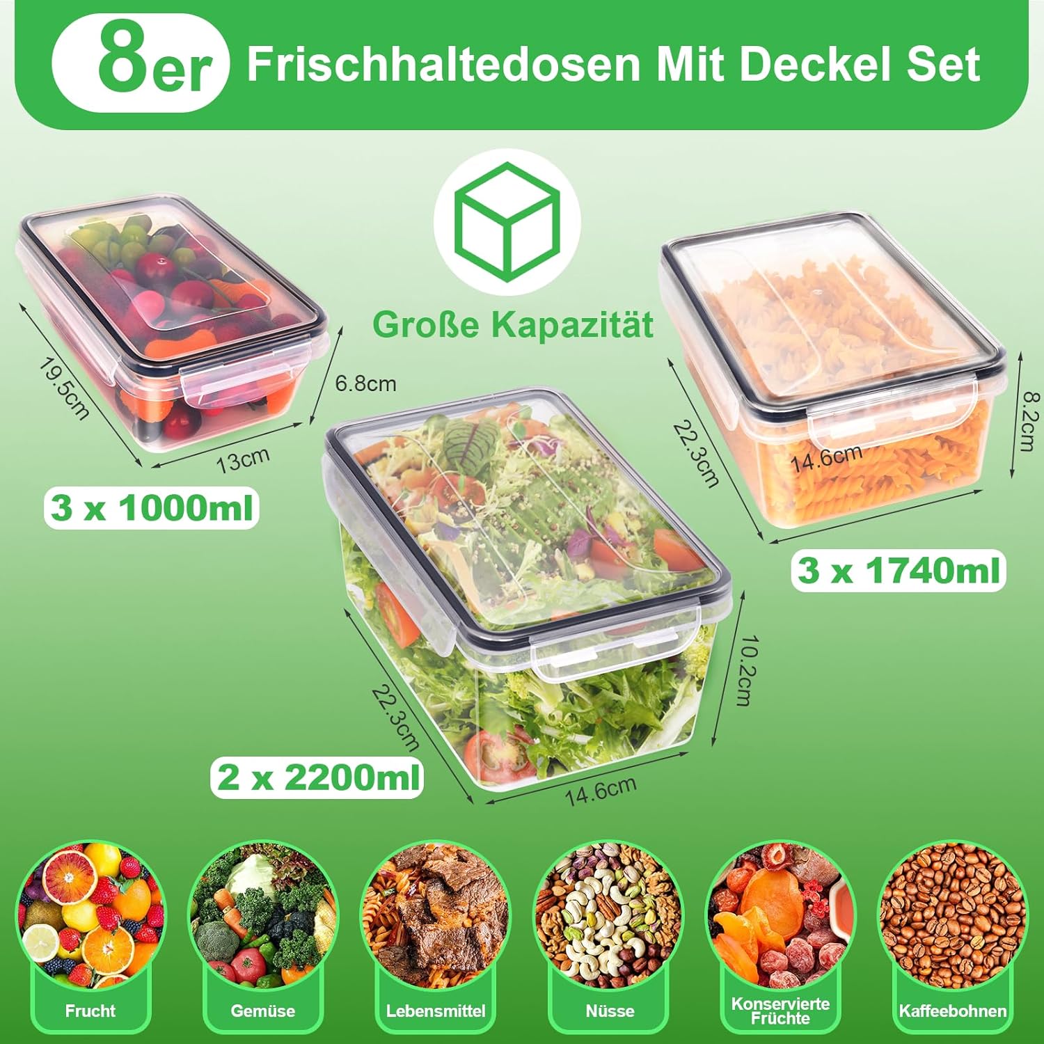 Kottwca Frischhaltedosen mit Deckel-Set, 2,2 l, 1,74 l, 1 l, großes Fassungsvermögen, Tupperware-Set (8 Behälter + 8 Deckel), Küchen-Meal-Prep-Boxen, 100 % auslaufsicher, BPA-freies Lunchbox-Set für Mikrowellen – Bild 2