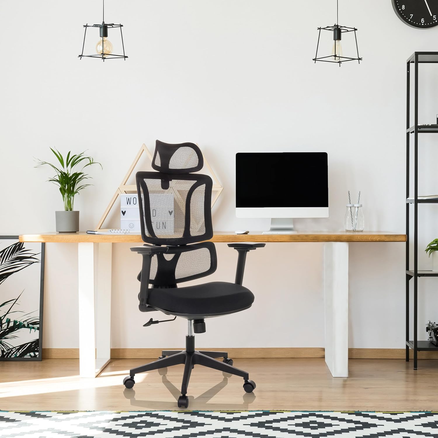 Ergomy Ergonomischer Bürostuhl mit Lordosenstütze, Kopfstütze, Chefdrehstuhl mit Netzrückenlehne, Stoff, Schwarz – Bild 6