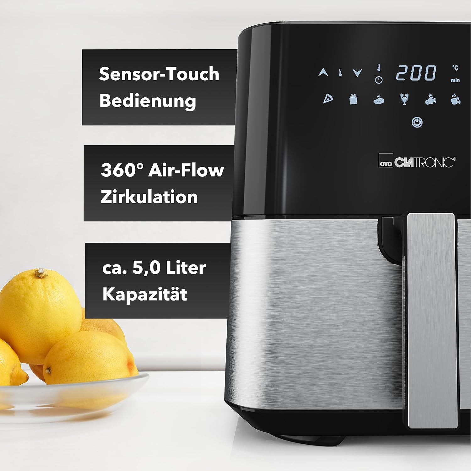 Clatronic FR 3782 H XXL Heißluftfritteuse – 5L Fritteuse | Heißluft für fettfreies Braten | Edelstahl-Airfryer mit digitalem Touchscreen | 360° Luftstrom | Heißluftfritteuse mit 8 Programmen – Bild 3