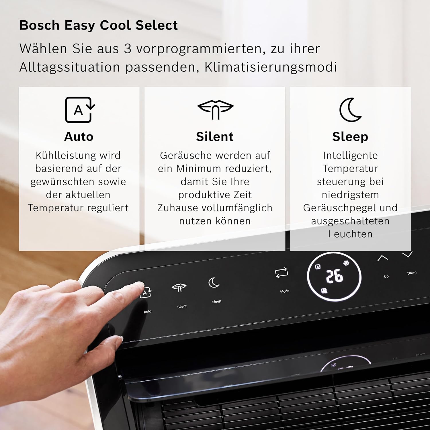 Bosch Cool 4000 Mobiles Klimagerät, 3-in-1-Klimagerät, Luftentfeuchter, Ventilator, 2,6 kW für Räume bis 35 m², mit Auto-Modus, Silent-Modus, Schlafmodus – Bild 3