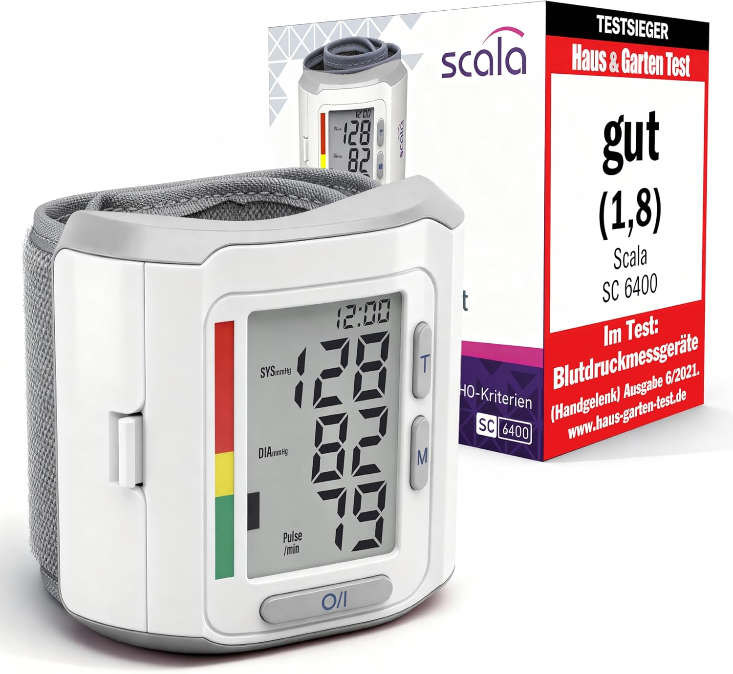 scala SC 6400 Silver Handgelenk-Blutdruckmessgerät – Präzises Blutdruckmessgerät mit WHO-Anzeige & 85 Speicherplätzen – Fuzzy-Logic-Technologie – inklusive Box & Batterien – Manschette 13,5–19,5 cm