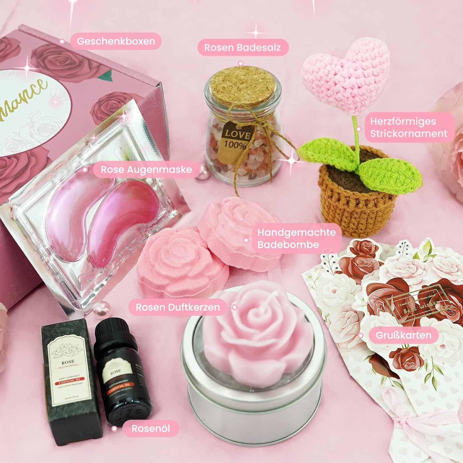 Spa-Geschenkset für Damen – Entspannungsset mit Rosenöl, Rosen-Duftkerze, Rosen-Badesalz und Überraschungs-Rubbelkarte, Geburtstagsgeschenk für die beste Freundin, Luxus-Geschenkset für Frauen (8-teilig) – Bild 3
