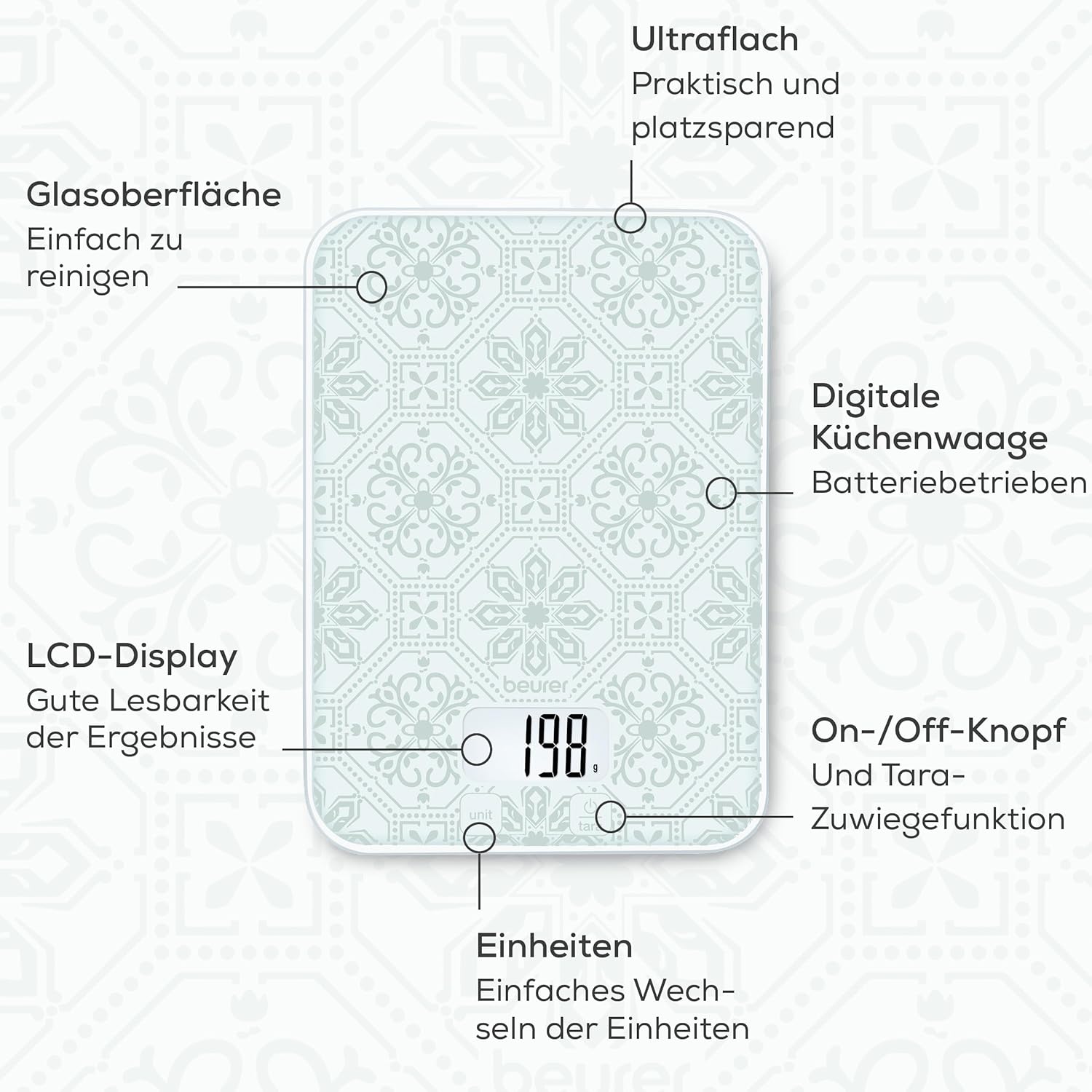 Beurer KS 19 Vintage Digitale Küchenwaage, Tragkraft bis 5 kg (1g-genaue Abstufung), Haushaltswaage mit Sensor-Touch, Lebensmittelwaage mit Batterien, ultraflaches Vintage-Design – Bild 2