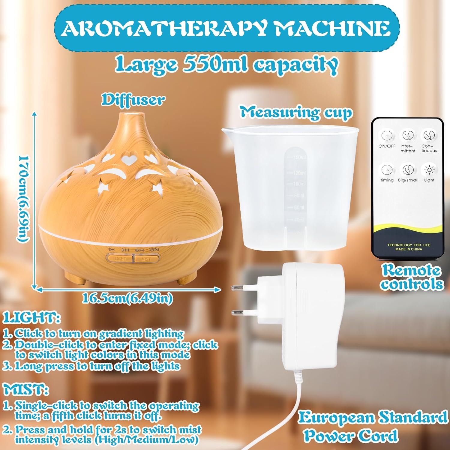 550 ml Aromadiffusor für ätherische Öle, Ultraschall-Luftbefeuchter, Fernbedienung, 4 Timer, 7 Farben, automatische Abschaltung, Duftöl-Diffusor, Öllampe für Schlafzimmer, Büro, Spa – Bild 5