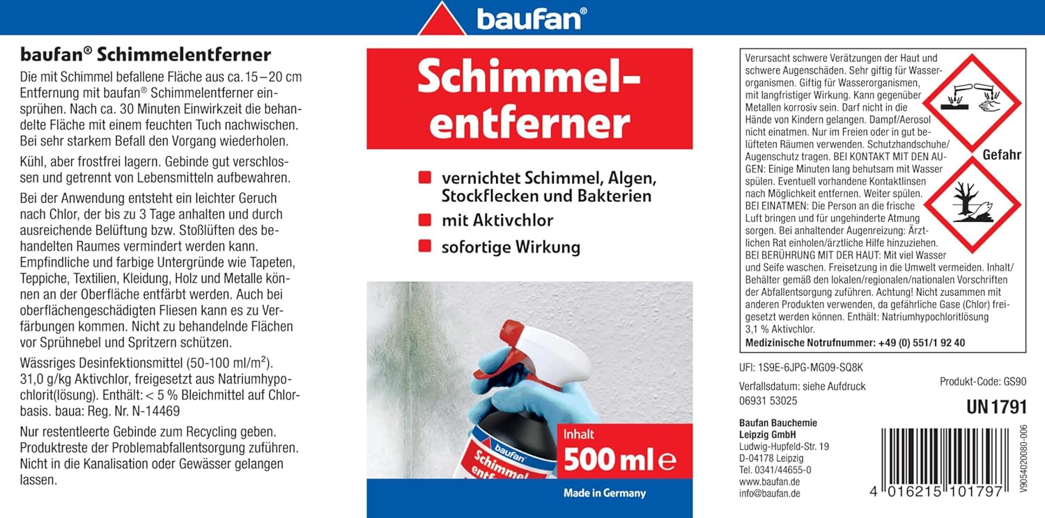 Baufan Schimmelentferner – 500 ml – Schimmelspray mit Aktivchlor für Schimmel und Algen, Silikon- und Fliesenfugen – Anti-Schimmel-Spray Chlorreiniger – Bild 4