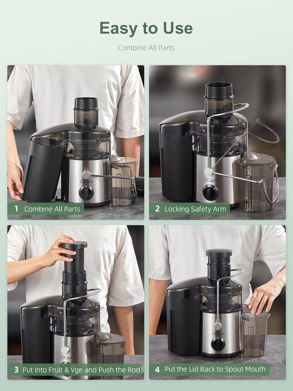 QCen Entsafter, Zentrifugal-Entsafter mit 3-Zoll-Einfüllkanal, leicht zu reinigen, Edelstahl, BPA-frei, ideal für Obst und Gemüse (transparent, 500 W) – Bild 6