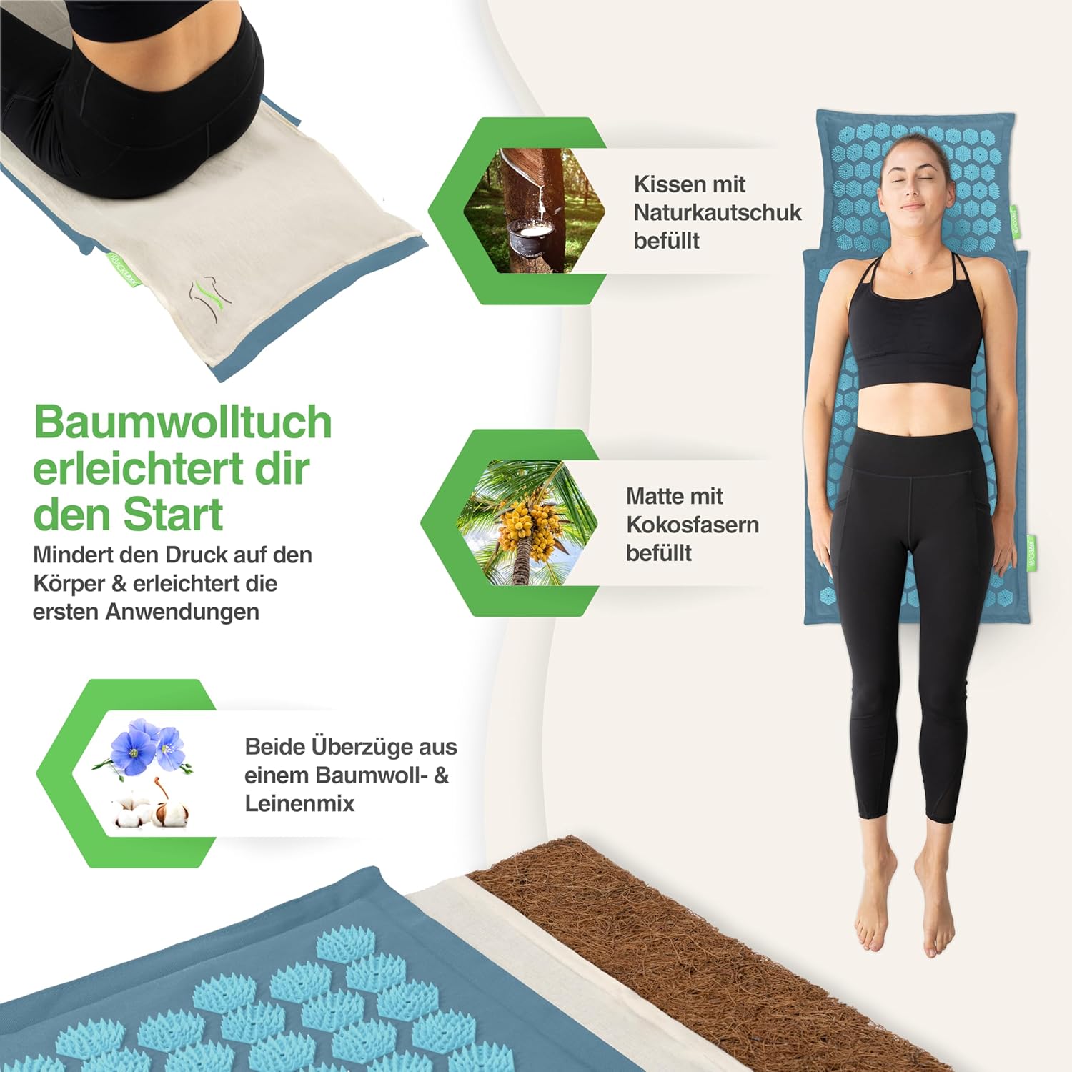 BACKLAXX Akupressurmatte mit Kissen, Tuch und Tasche, Akupunkturmatte mit Spikes zur Massage, Entspannungs-Akupressurmatte für Nacken und Schulter, Massagematte für Rücken und Ganzkörper – Bild 3
