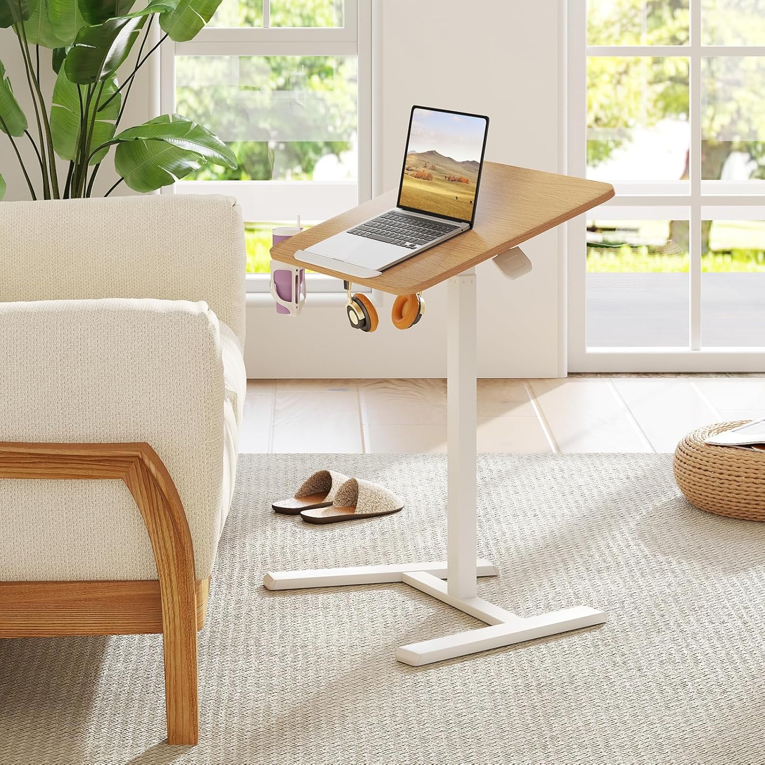 COSTWAY Beistelltisch höhenverstellbar mit versteckten Rollen, Stehtisch mit um 90° neigbarer Tischplatte, Haken und Getränkehalter, Stehpult, Stehpult, Laptoptisch für Wohnzimmer – Bild 2