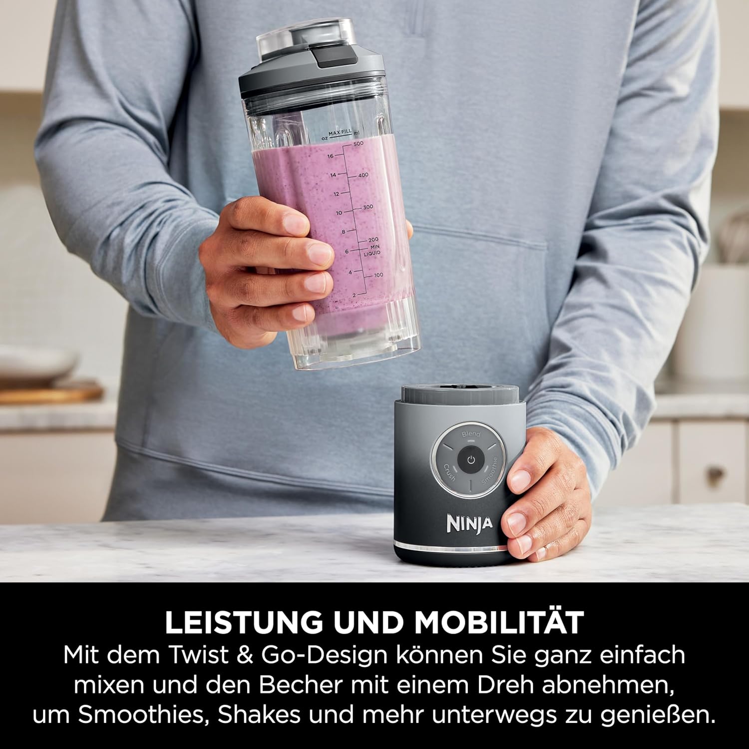 Ninja Blast Max BC251EUGY Tragbarer Mixer/Mixer/Smoothie-Maker, 570 ml, wiederaufladbar, Mixbecher und auslaufsicherer Deckel, 3 Funktionen, Smoothies, Protein-Shakes, Cool Grey – Bild 4