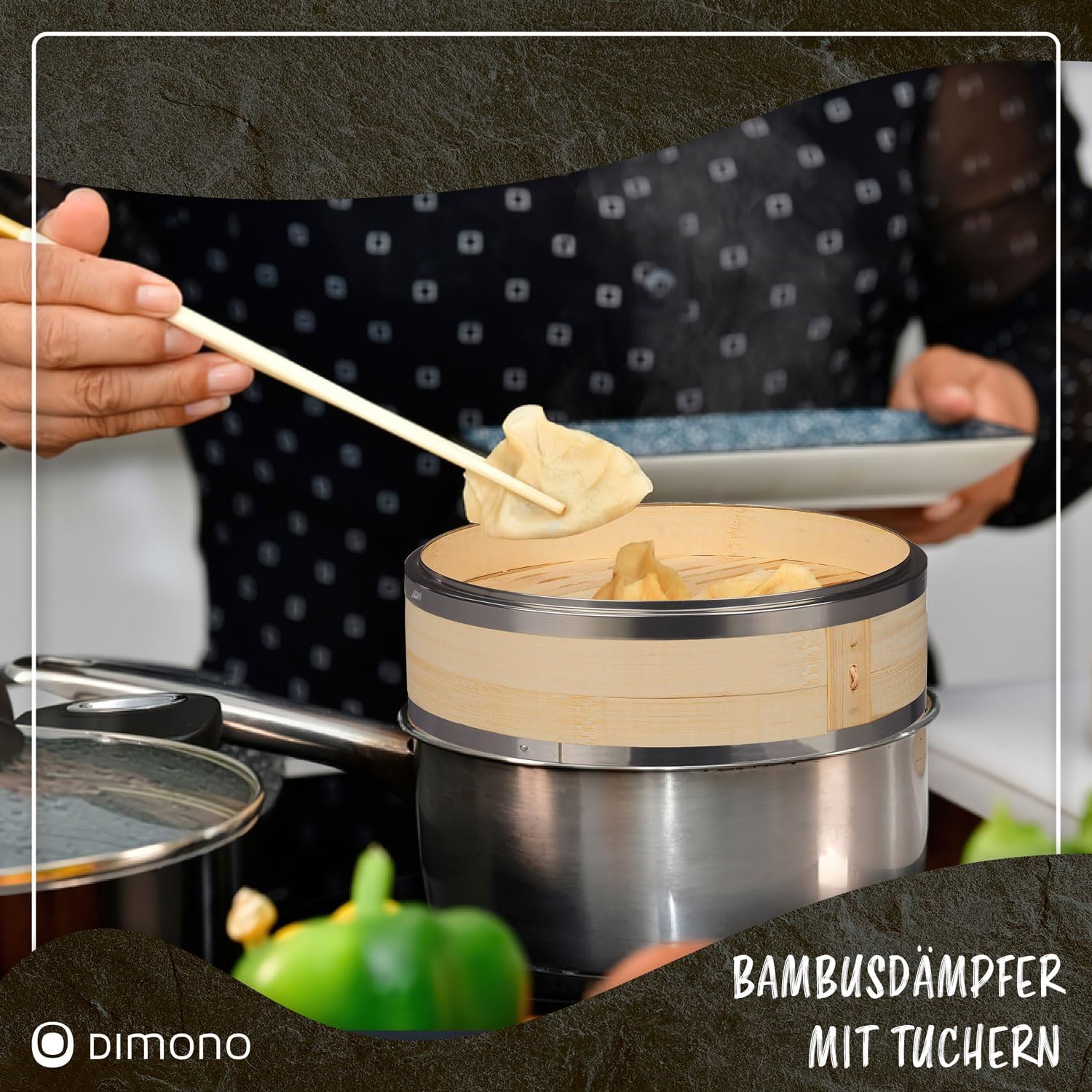 Dimono Bambusdampfgarer mit Edelstahl, 2 Etagen Bambusdampfgarer mit Deckel, Dampfgaraufsatz und Dampfgarkorb für Sim Sum Knödel, Gemüse, Reis, Fleisch und Fisch (Durchmesser 20 cm) – Bild 9