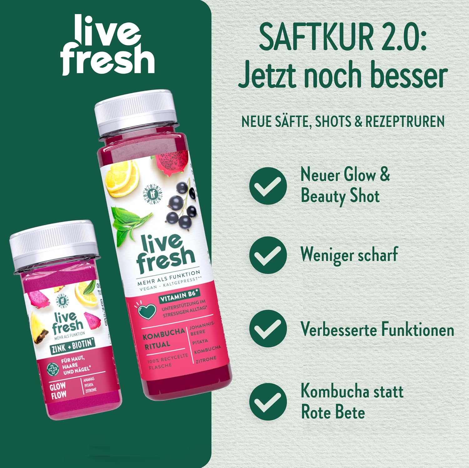 LiveFresh Saftkur für 3 Tage, 21 Säfte und 9 Shots, kaltgepresst und ohne Zuckerzusatz, Fruchtsaft gepresst aus frischem Obst und Gemüse, vegane Fruchtsäfte zum Abnehmen, inkl. Kaution – Bild 2