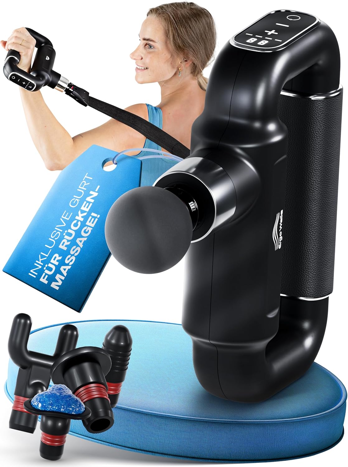 Massagepistole mit Riemen – Massagepistole mit Kühlkopf und Tragetasche | 6 Ebenen, 5 Aufsätze, LCD-Touchscreen und USB-C | Muskelpistole, Rückenmassagegerät, Stoßwellentherapiegeräte, Faszienpistole