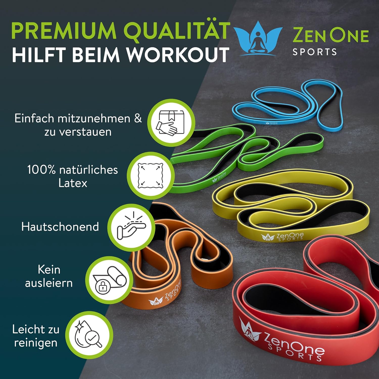ZenOne Sports Widerstandsbänder aus Gummi I Widerstandsbänder in 6 Stärken – X-Light bis XX Heavy I Klimmzugband mit Workout-Anleitung – Ideal für Klimmzüge, Krafttraining & mehr I Klimmzugband – Bild 6