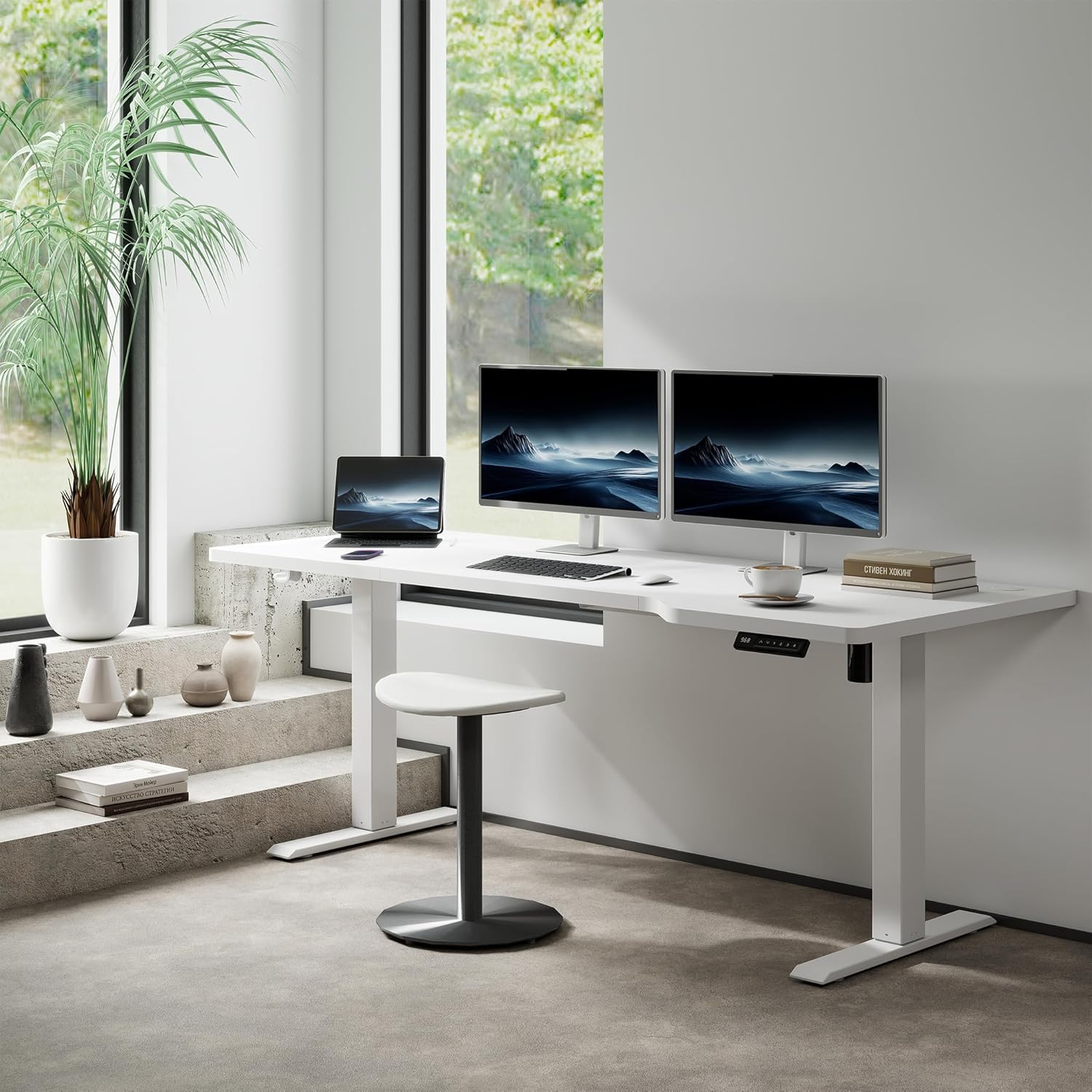 JUMMICO Höhenverstellbarer Schreibtisch 180 x 80 cm, L-Form, Gaming-Tisch, elektrisch, höhenverstellbar, Ergonomie, Bürotisch mit 4-Memory-Funktion und Kabelmanagement, große Monitorfläche, stehend – Bild 2