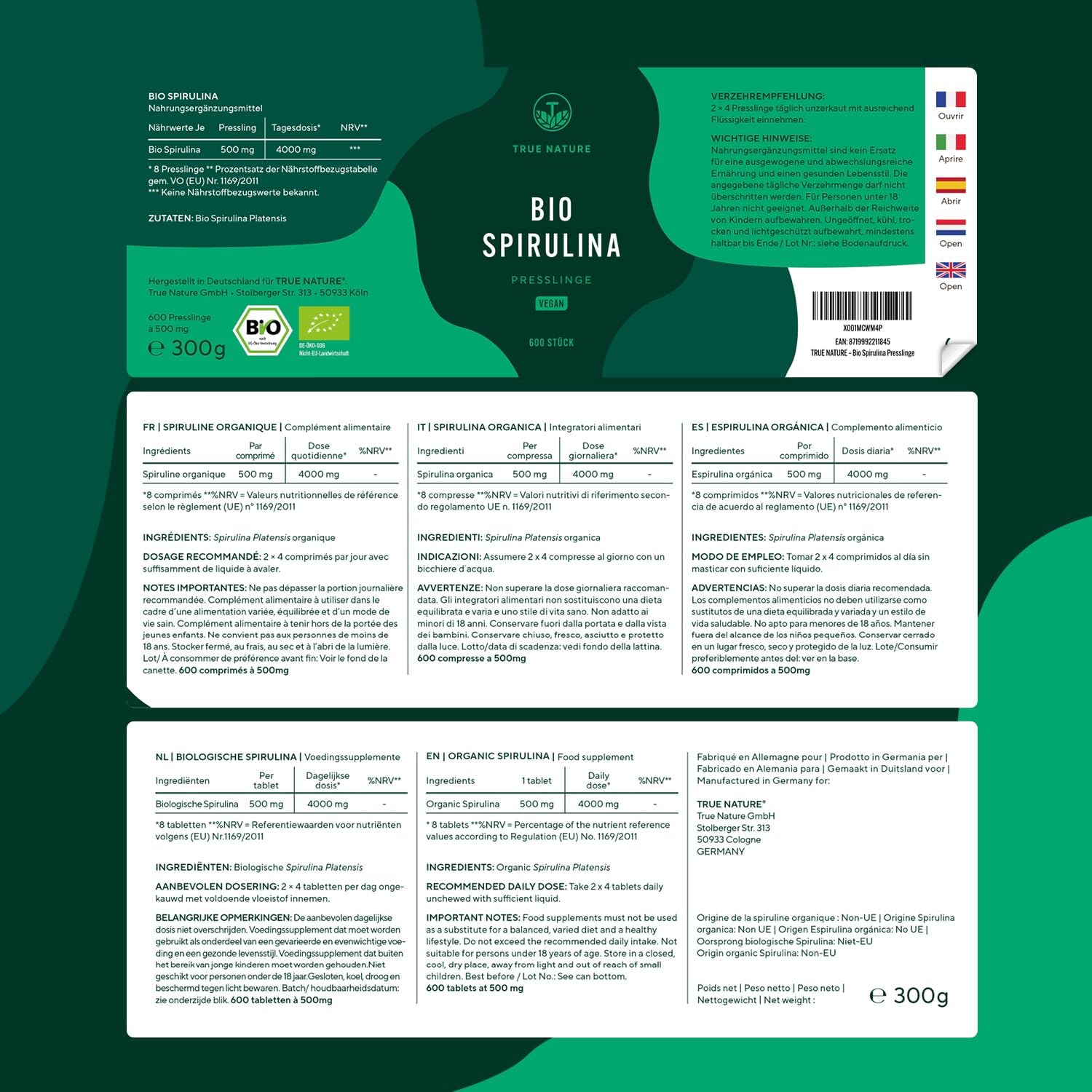 True Nature® Premium Bio-Spirulina-Pellets (500 mg x 600 Stück) – 100 % reine Bio-Spirulina-Algen – vegan, mehrfach im Labor getestet und hergestellt in Deutschland – Bild 8