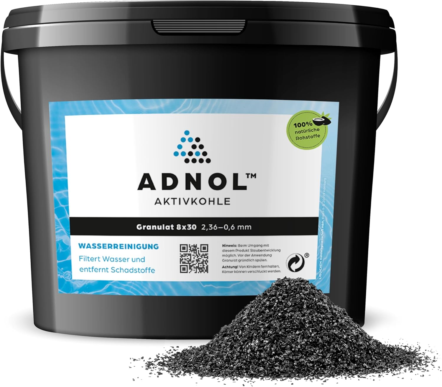 Aktivkohlegranulat 5 Liter aus Kokosnussschalen für Wasserfilter für Aquarium und Teich, Maschenweite 8 x 30, Körnung 2,36-0,6 mm, Energieklasse A, als Kohlefilter einsetzbar