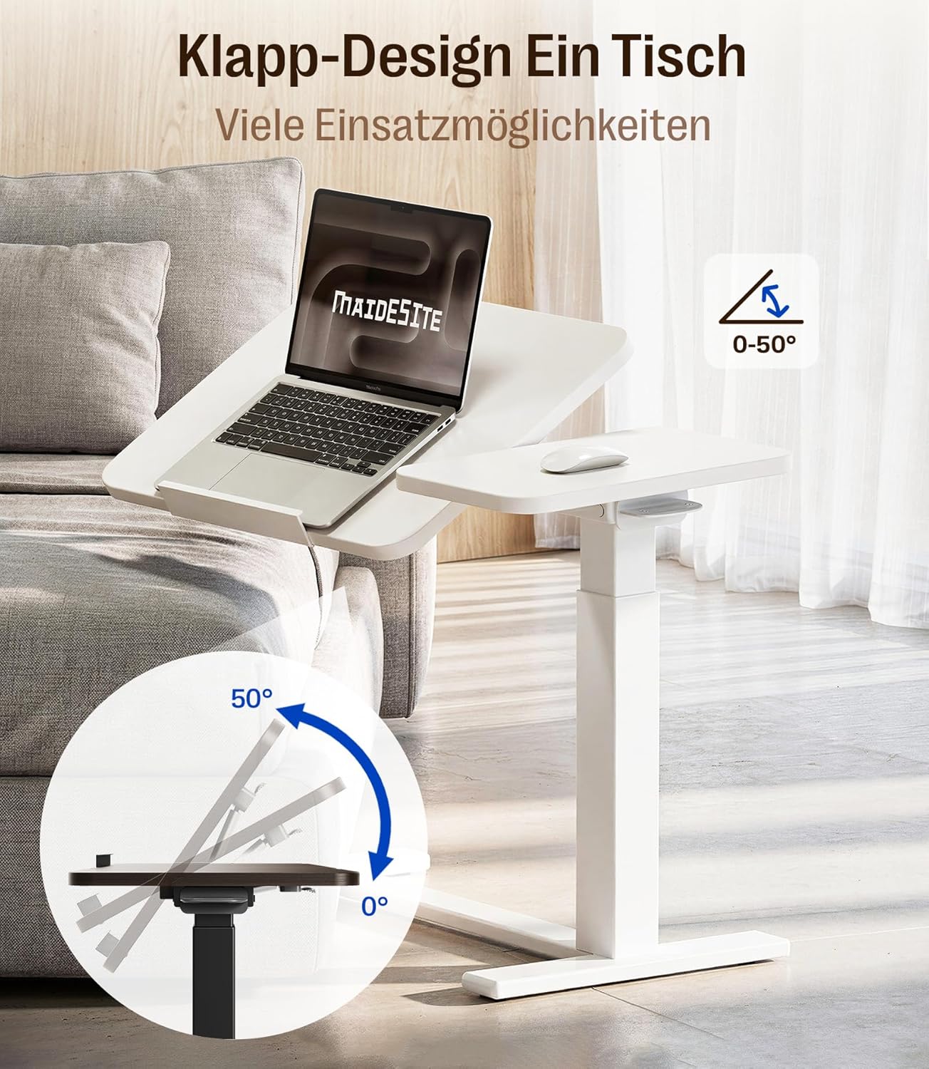 MAIDeSITe Beistelltisch mit Rollen, C-förmiger höhenverstellbarer Betttisch, 70 x 40 cm Stehtisch, mobiler Laptoptisch mit geteilter Tischplatte und verdeckten Rollen – Fit Dual – Bild 3