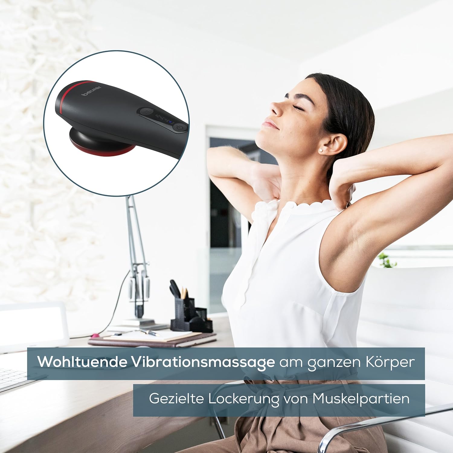 Beurer MG 24 Vibrationsmassagegerät, 2 wohltuende Massageprogramme und 2 Intensitätsstufen für ideale Entspannung, 3 Massageaufsätze, am ganzen Körper anwendbar, schwarz – Bild 2
