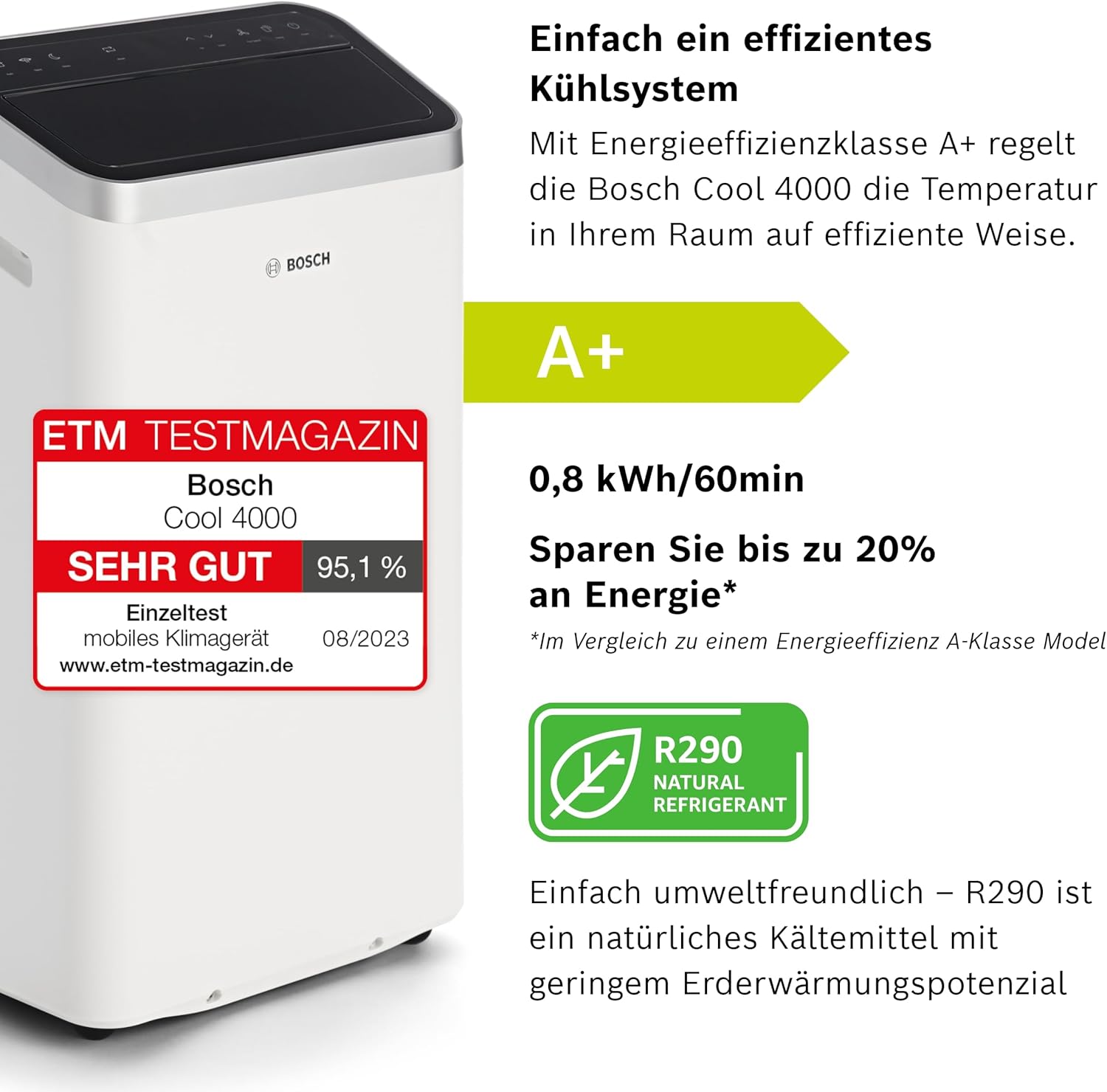 Bosch Cool 4000 Mobiles Klimagerät, 3-in-1-Klimagerät, Luftentfeuchter, Ventilator, 2,6 kW für Räume bis 35 m², mit Auto-Modus, Silent-Modus, Schlafmodus – Bild 5