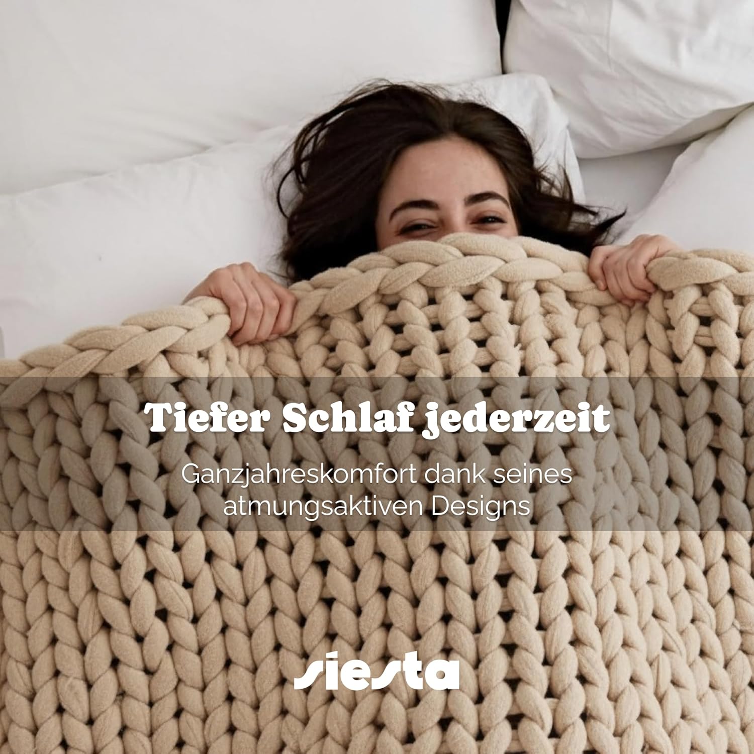 SIESTA Gewichtsdecke – Premium Grobstrick Beige (7 kg) – Atmungsaktive Therapiedecke gegen Stress & Schlafstörungen – 100 % RPET, nachhaltig, Öko-Tex & waschbar – Bild 2