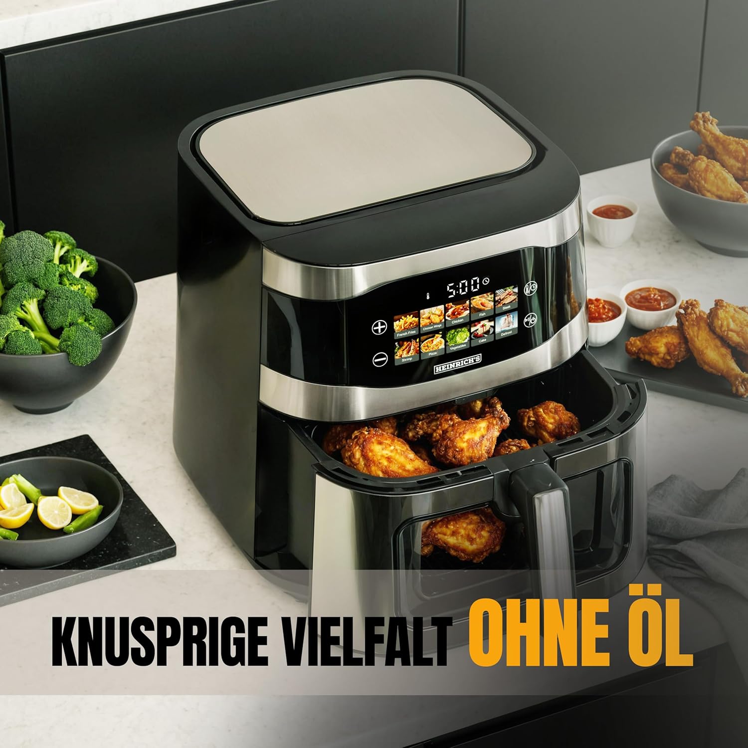 HEINRICHS Heißluftfritteuse, 9 Liter XXL-Luftfritteuse, 10-in-1-Heißluftfritteuse, LED-Display mit Sensor-Touch-Steuerung, fettfreie Zubereitung, inklusive Timer, platzsparend, spülmaschinenfester Korb, 1800 W – Bild 7