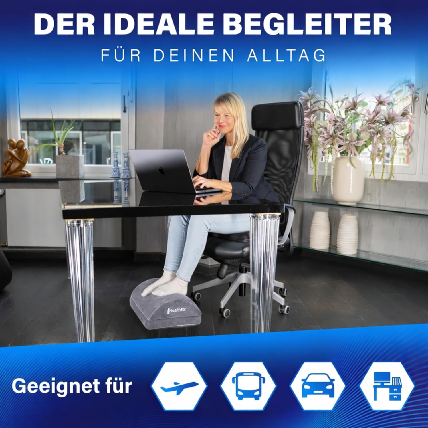 Healthfix Fußstütze Schreibtisch ergonomisch höhenverstellbar, warme Füße dank Fußtasche, Fußablage für Büro und Homeoffice (Grau) – Bild 3