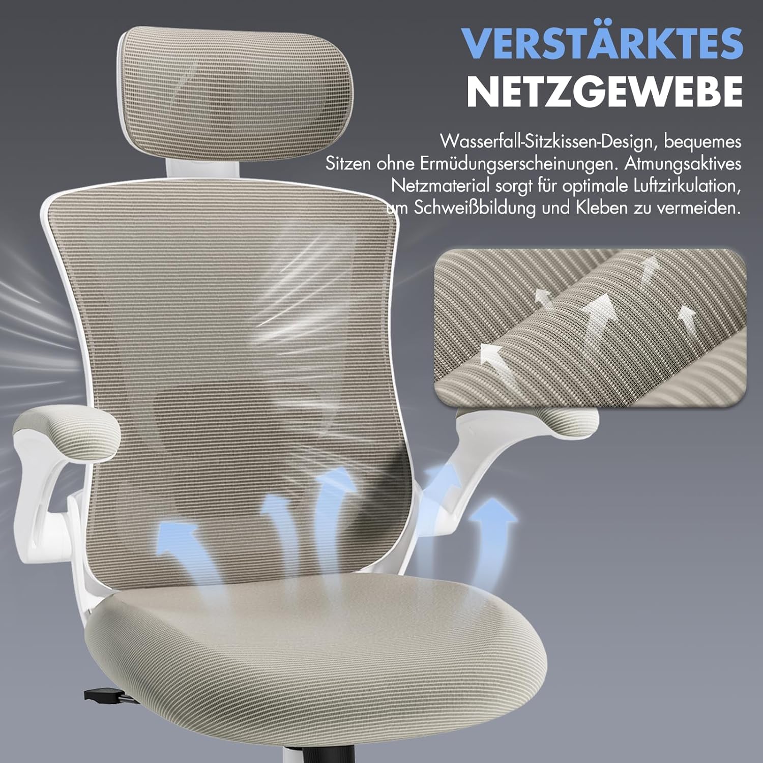 COLAMY Bürostuhl, Netz-Computerstuhl mit verstellbarer Kopfstütze und Lordosenstütze, ergonomischer Arbeitsstuhl mit hochklappbarer Armlehne, 140°-Wippfunktion, Khaki – Bild 8