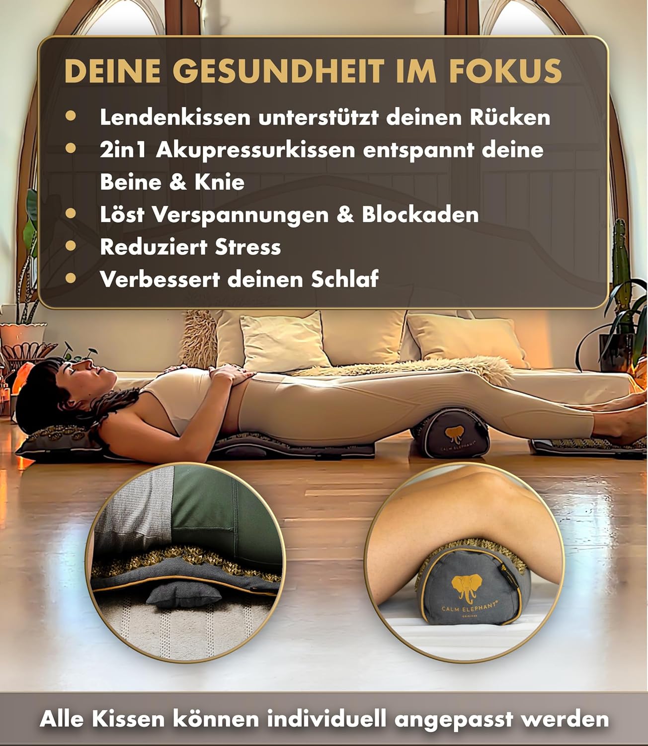 CALM ELEPHANT ORIGINAL Ultimative Akupressurmatte mit Kissen XXL 6er-Set, Massagematte, Rückenverspannungen lösen, Akupunkturmatte, Kissen mit Wärmefunktion, Lendenwirbel- und Kniekissen, Fußmatte, grau – Bild 2