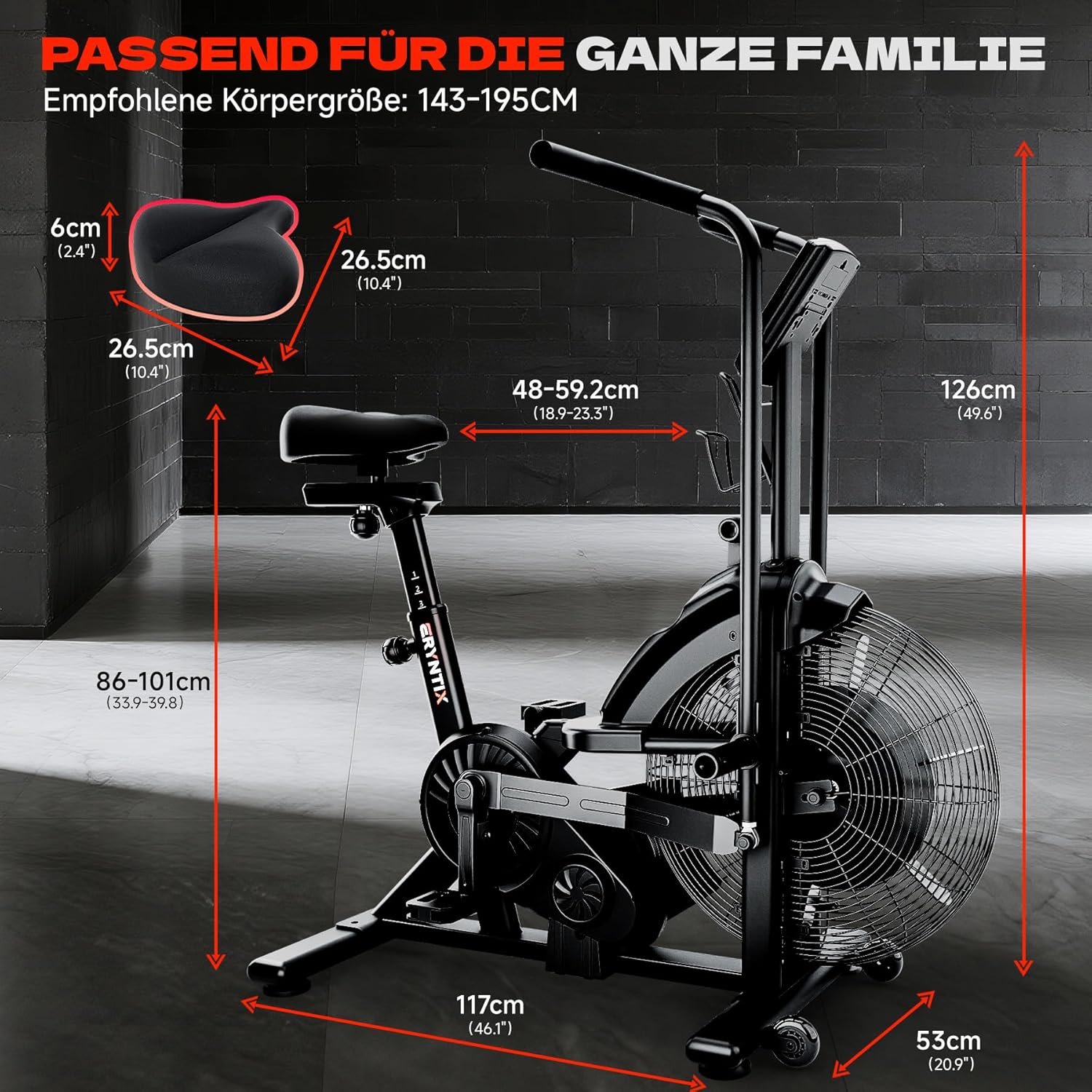 Air Bike, Heimtrainer Fahrrad Air Bike mit Luftwiderstand, Trainingsfahrrad mit einstellbarem Magnetwiderstand, Leises Indoor-Fitnessbike für Ganzkörpertraining, LCD-Monitor, App-Verbindung – Bild 7