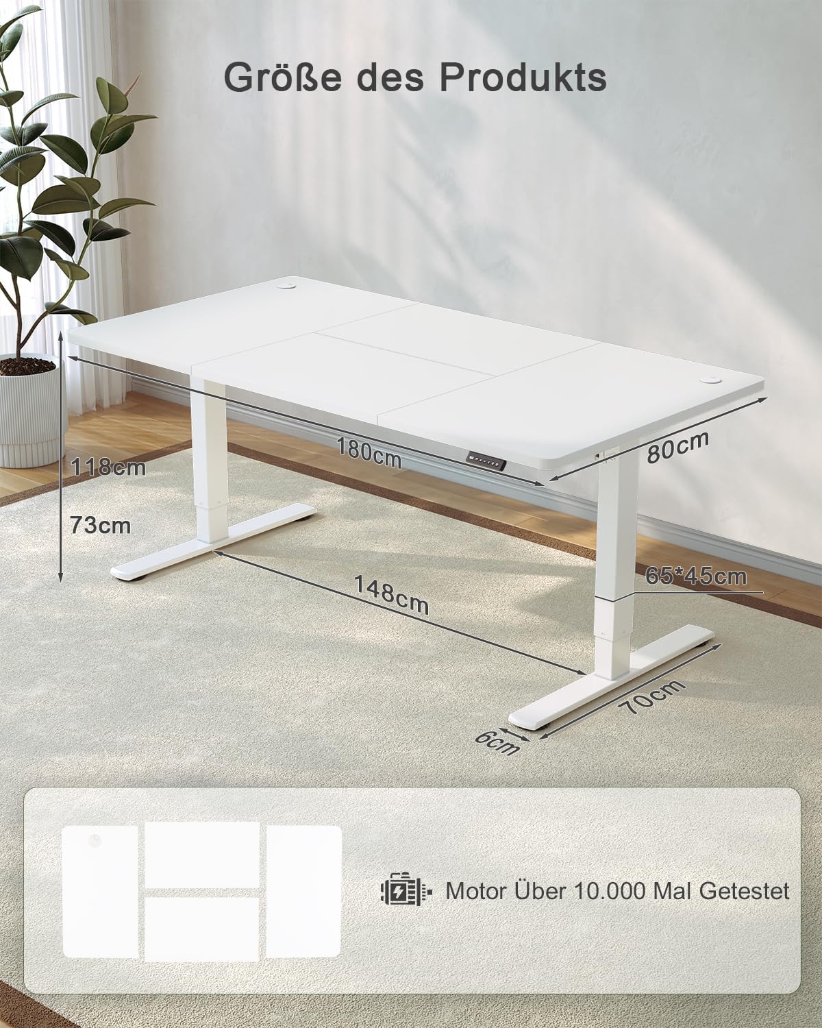 JUMMICO Höhenverstellbarer Schreibtisch mit USB-Ladeanschluss, 180 x 80 cm, elektrischer Schreibtisch, Stehsitz, Tisch, verstellbarer Computertisch, weiß – Bild 3