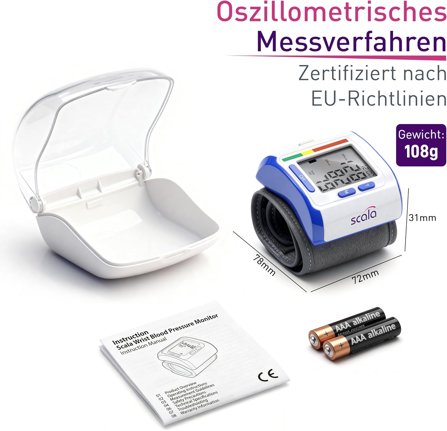scala SC 6400 Blue Handgelenk-Blutdruckmessgerät – Präzises Blutdruckmessgerät mit WHO-Anzeige und 85 Speicherplätzen – Fuzzy-Logic-Technologie – inklusive Box und Batterien – Manschette 13,5–19,5 cm – Bild 7