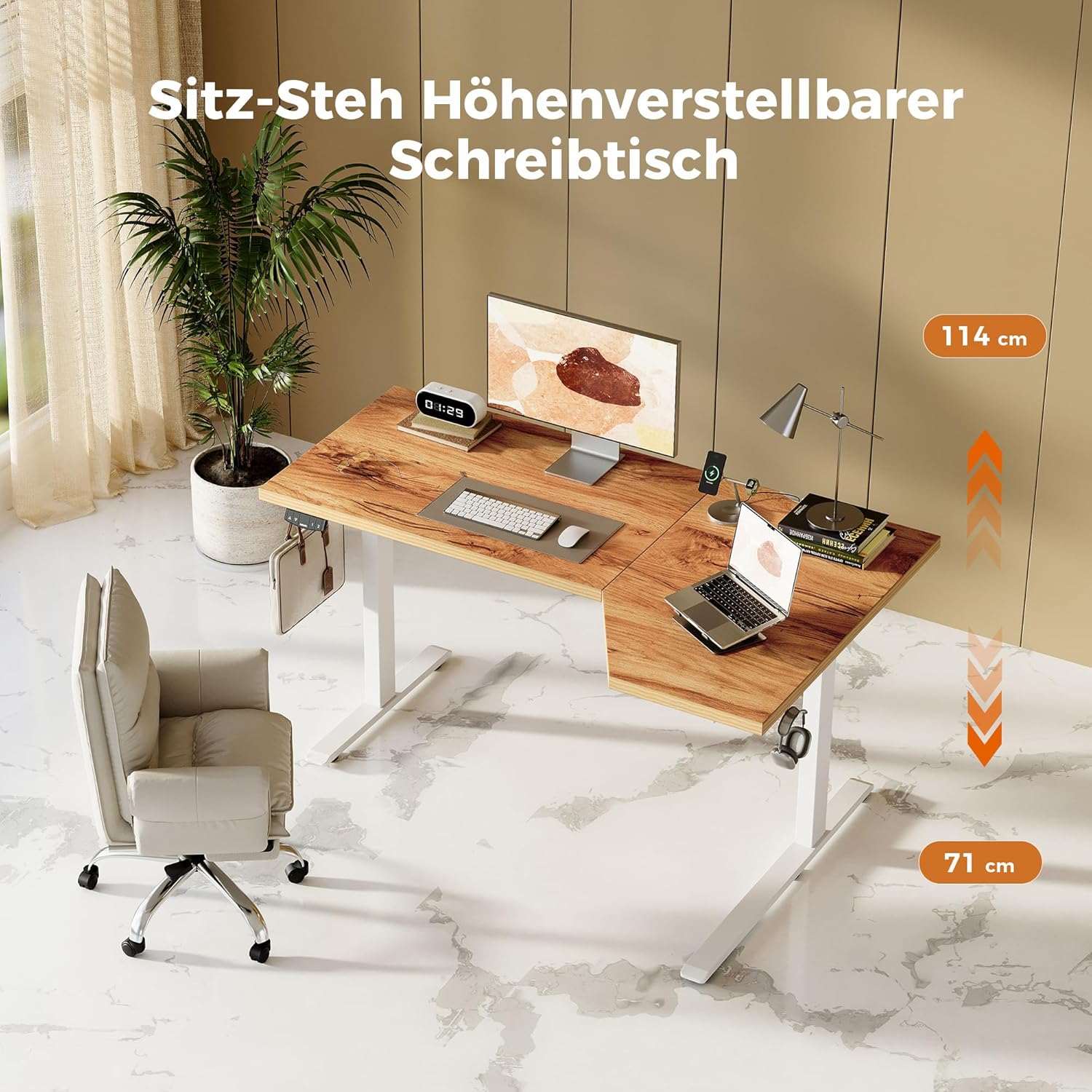Agilestic Elektrischer Stehschreibtisch, L-förmiger 150 cm höhenverstellbarer Schreibtisch, Sitz- und Stehtisch für das Heimbüro, ergonomischer anhebbarer Computertisch mit Spleißbrett, Hellbraun – Bild 3