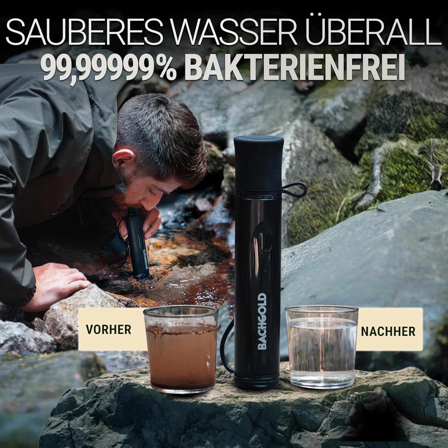 Bachgold Strohwasserfilter Outdoor Survival – Entfernt 99,99 % Viren, Bakterien und Protozoen – 2-stufige Elektroadsorption mit 70 cm Schlauch – Ultraleicht für Camping, Wandern und Notfall, Schwarz – Bild 6