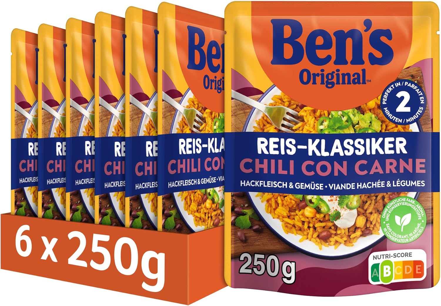 BEN'S ORIGINAL Fertiggericht Chili con Carne mit Hackfleisch und Gemüse 6 x 250 g