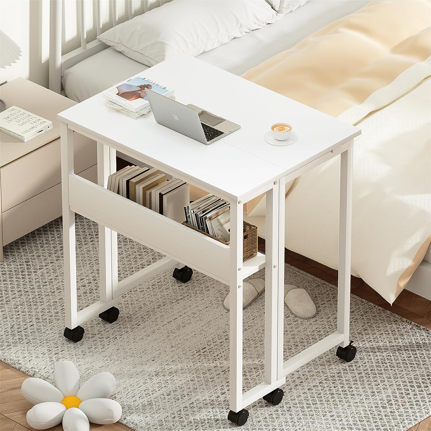 GreenForest Kleiner Klappschreibtisch, 80 cm Klappschreibtisch mit Rollen, einfacher Aufbau, Klappschreibtisch mit Stauraum, Home-Office-Klapptisch, Weiß – Bild 6